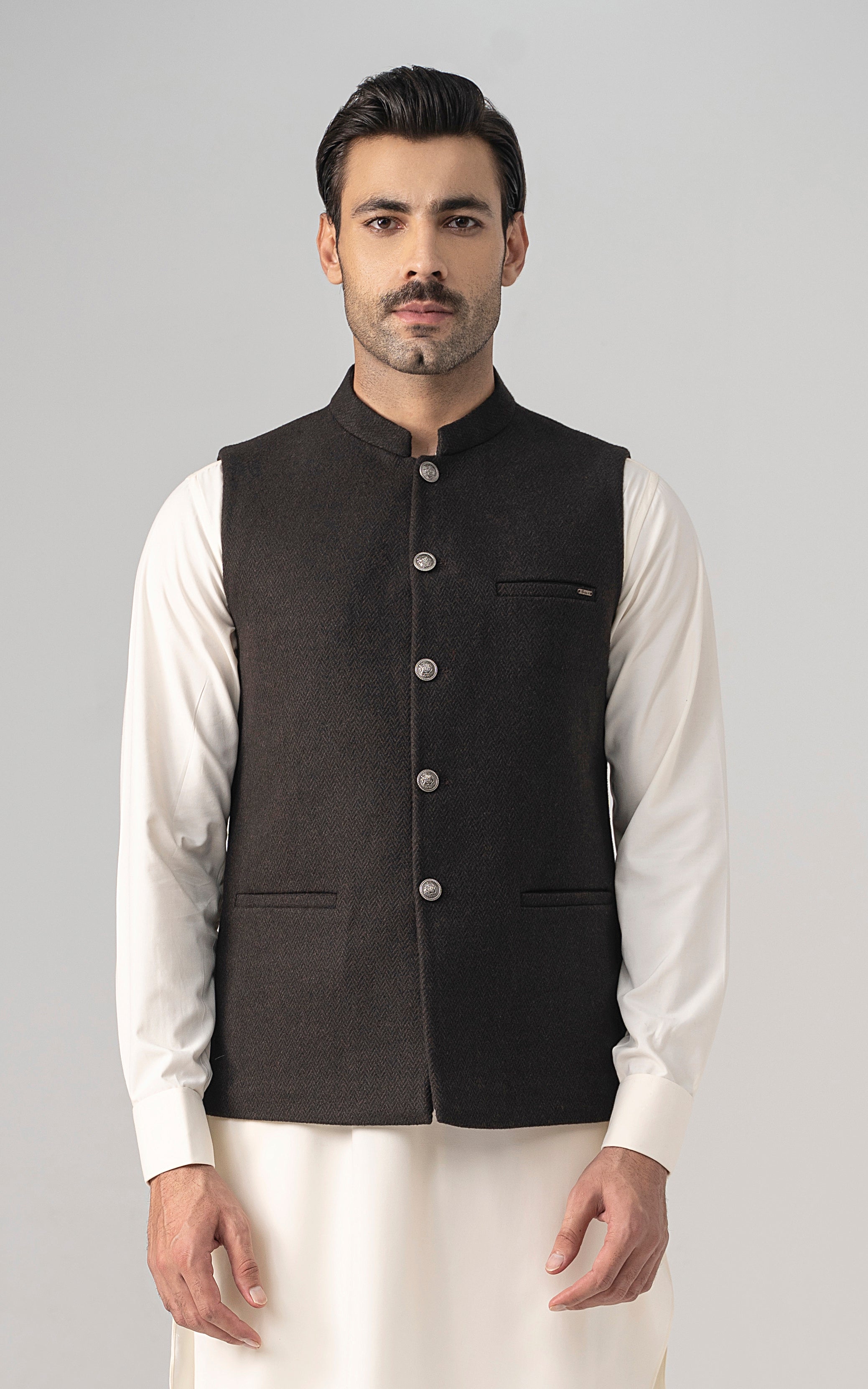 TEXTURED WOOL BLENDED WAISTCOAT - SIGNATURE COLLECTION  CHOCOLATE BROWN