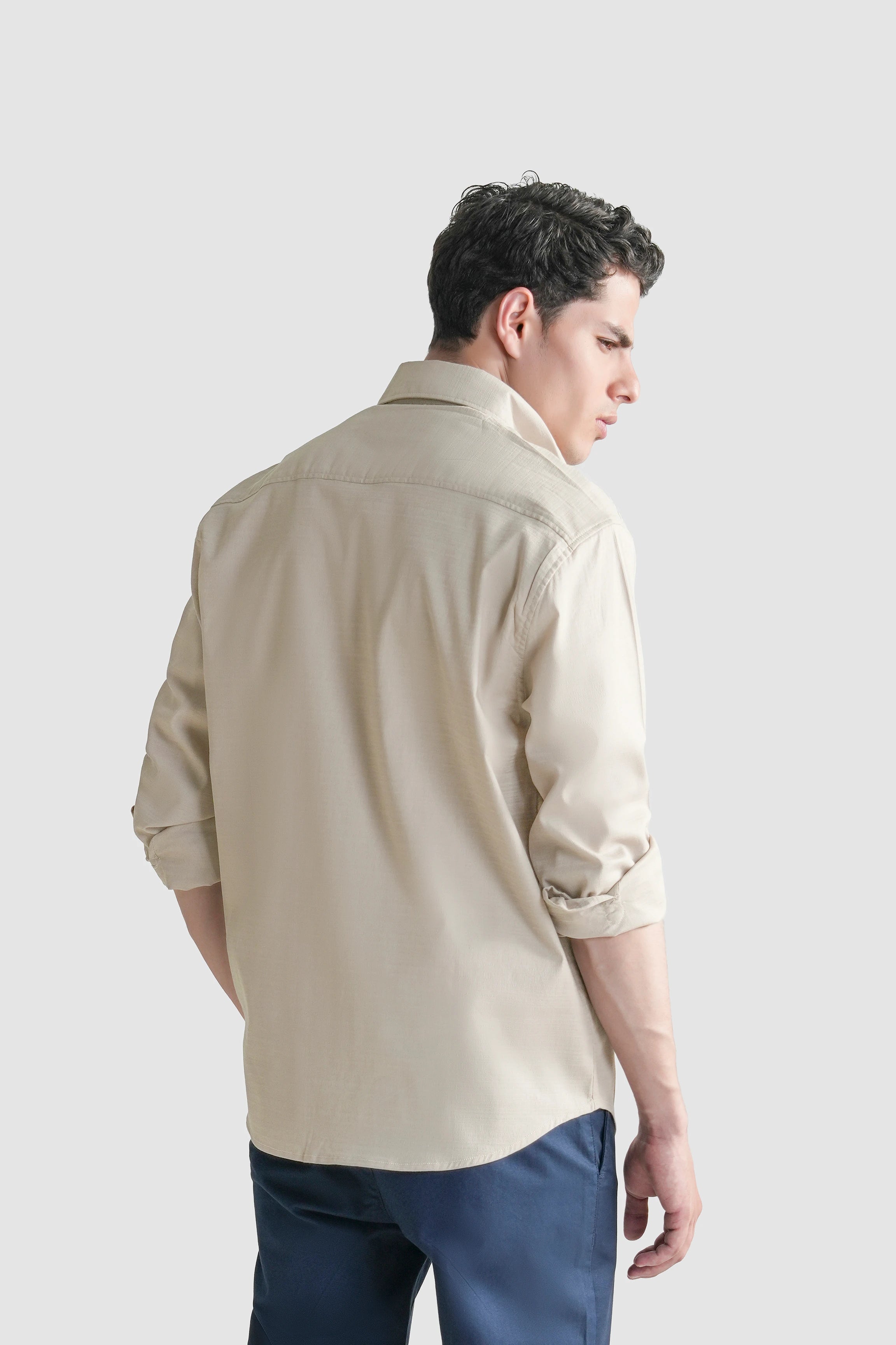 Light beige button-down casual shirt, back view with 3/4 sleeves