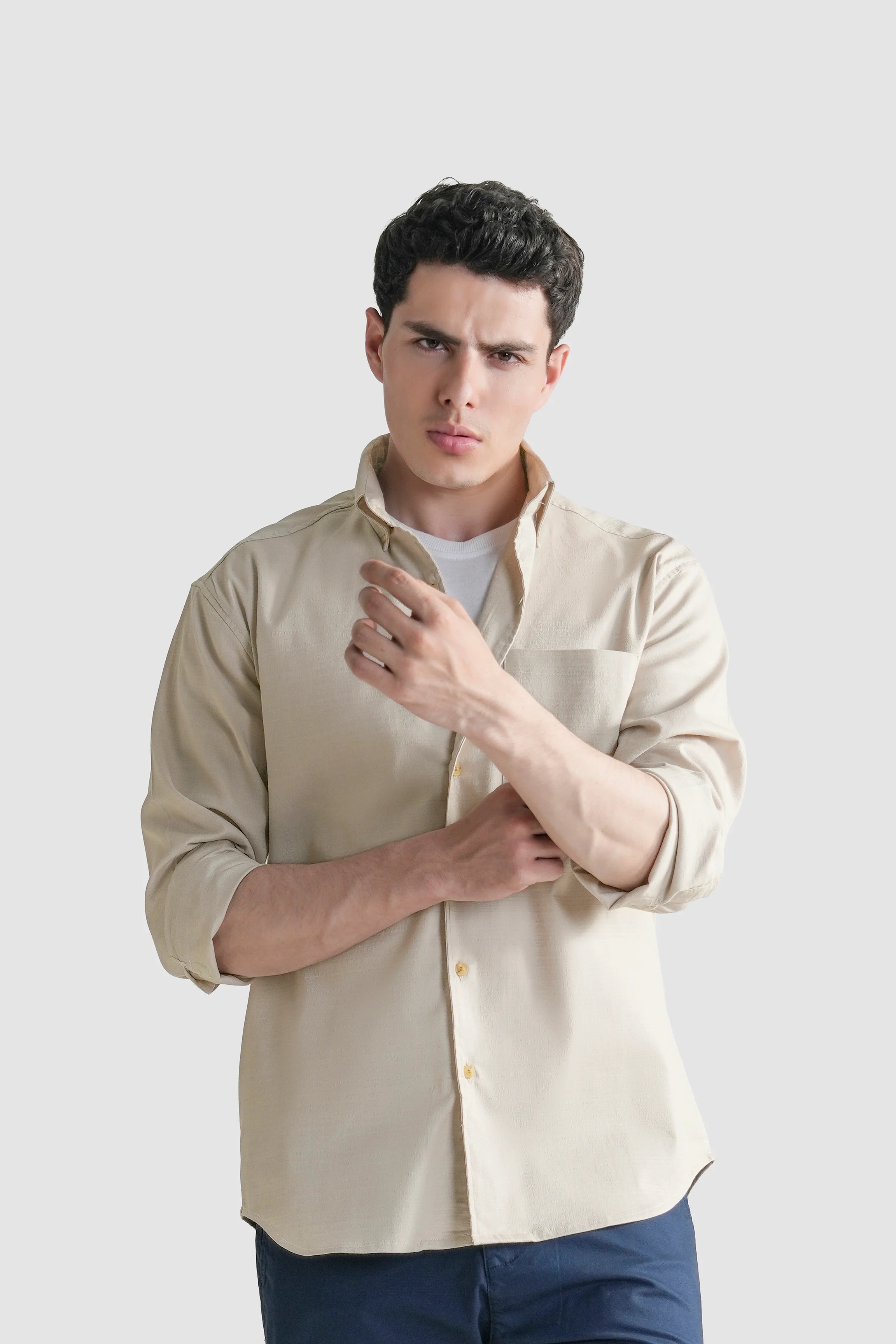 Light beige button-down casual shirt with button placket and chest pocket