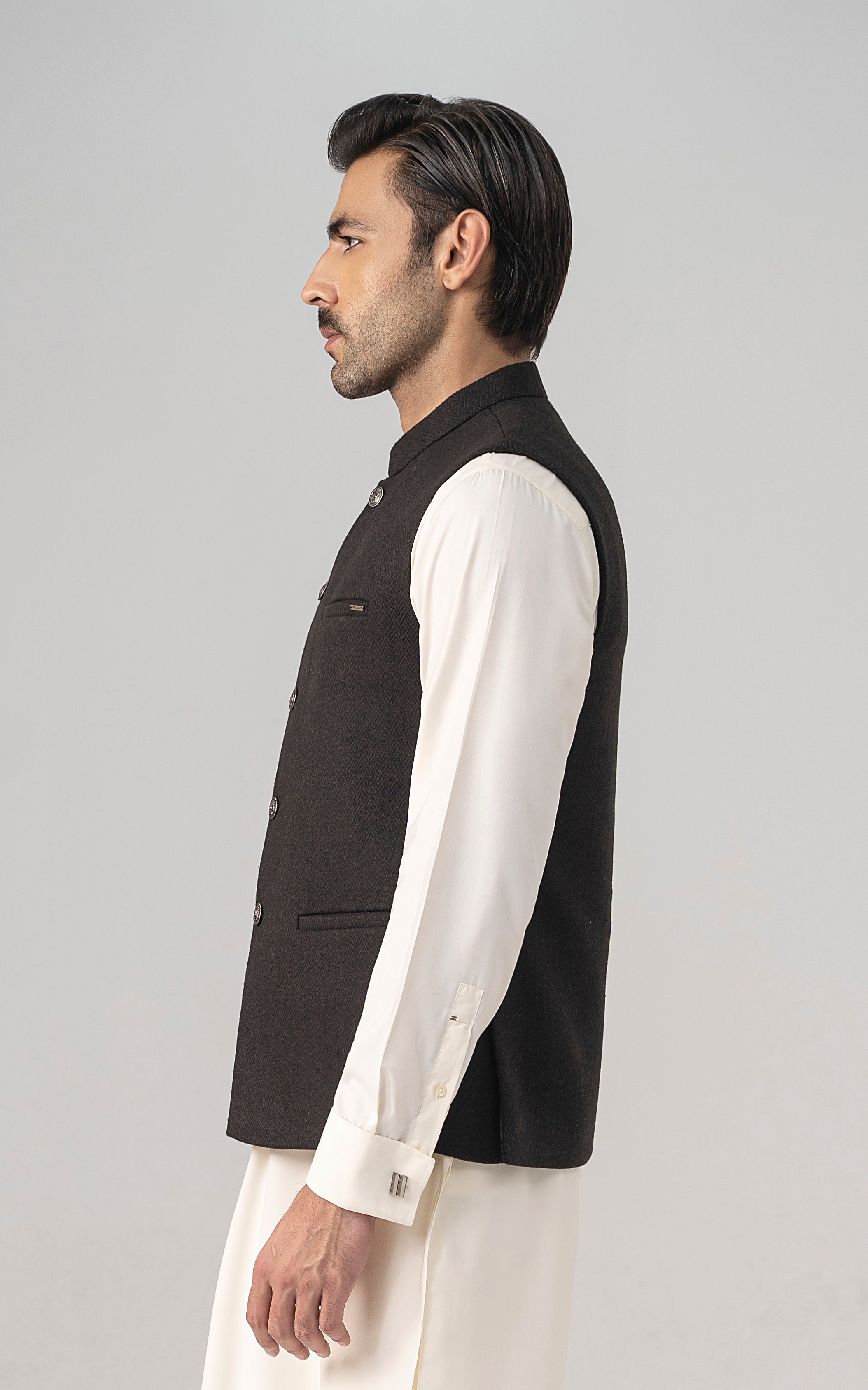 TEXTURED WOOL BLENDED WAISTCOAT - SIGNATURE COLLECTION  CHOCOLATE BROWN