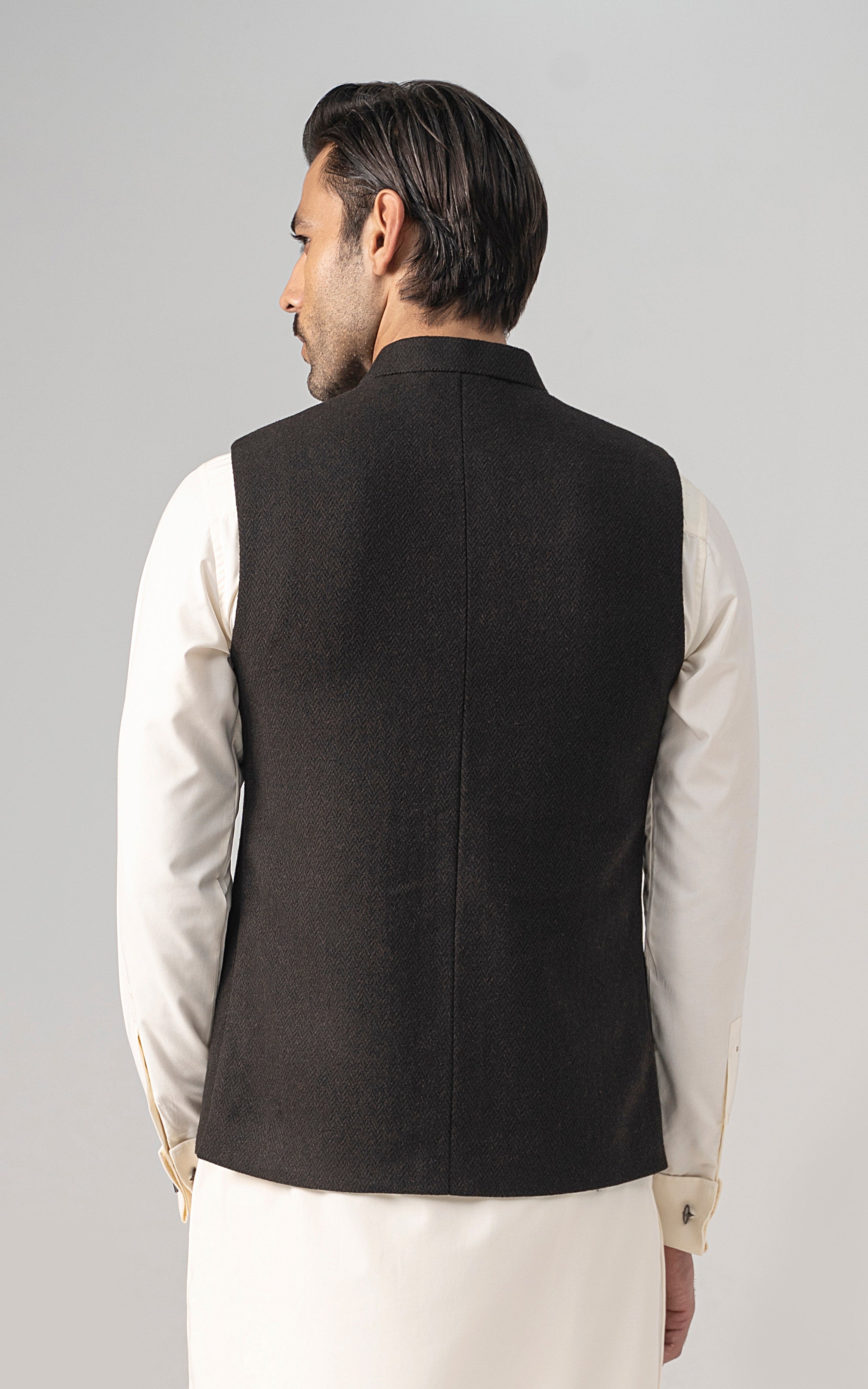 TEXTURED WOOL BLENDED WAISTCOAT - SIGNATURE COLLECTION  CHOCOLATE BROWN