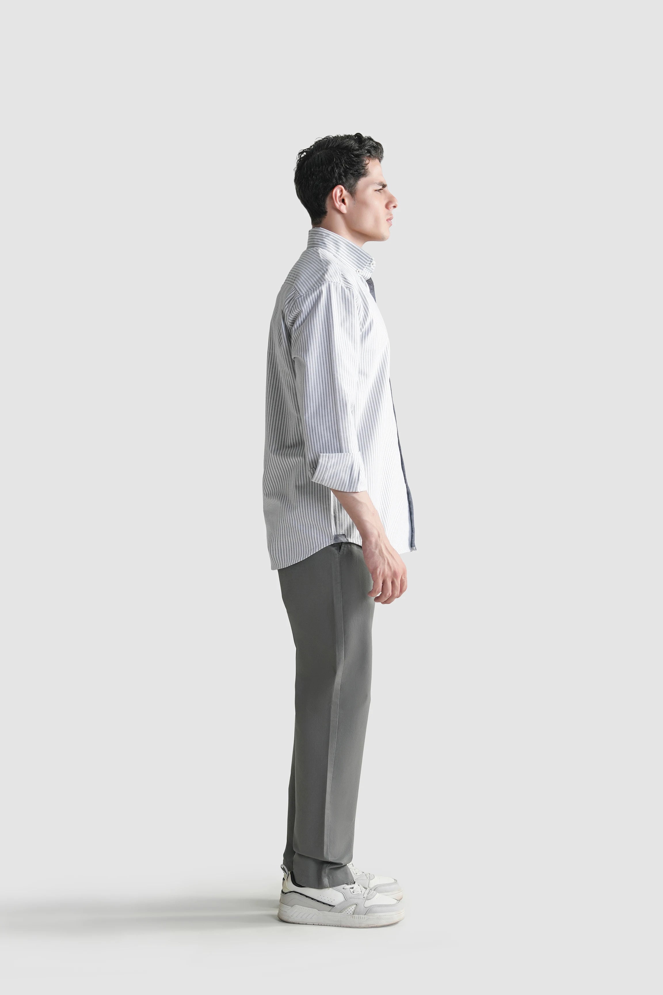 Men's button-down striped casual shirt, light blue and white, side view
