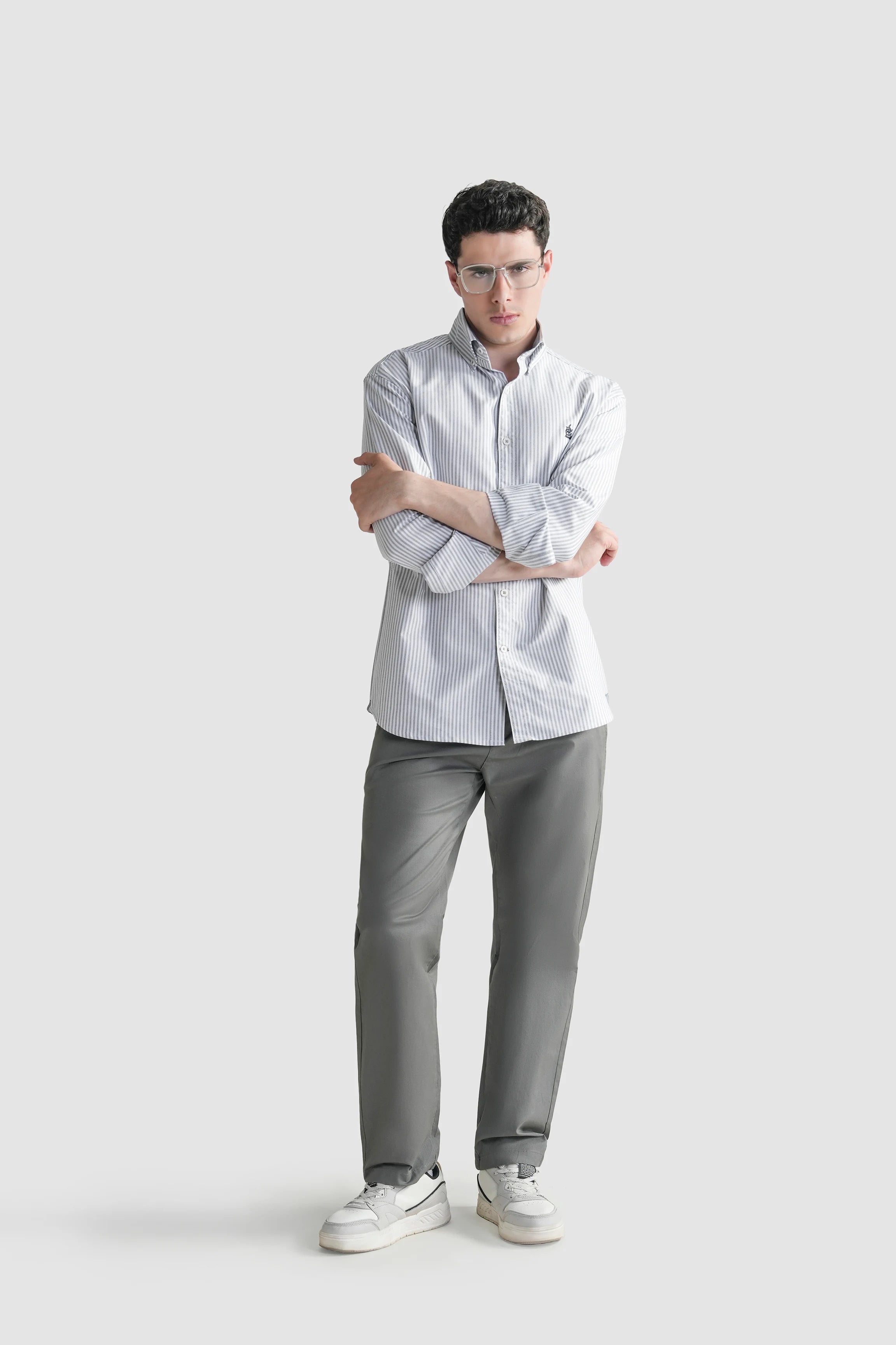Men's button-down striped casual shirt, light blue and white, front view with collar