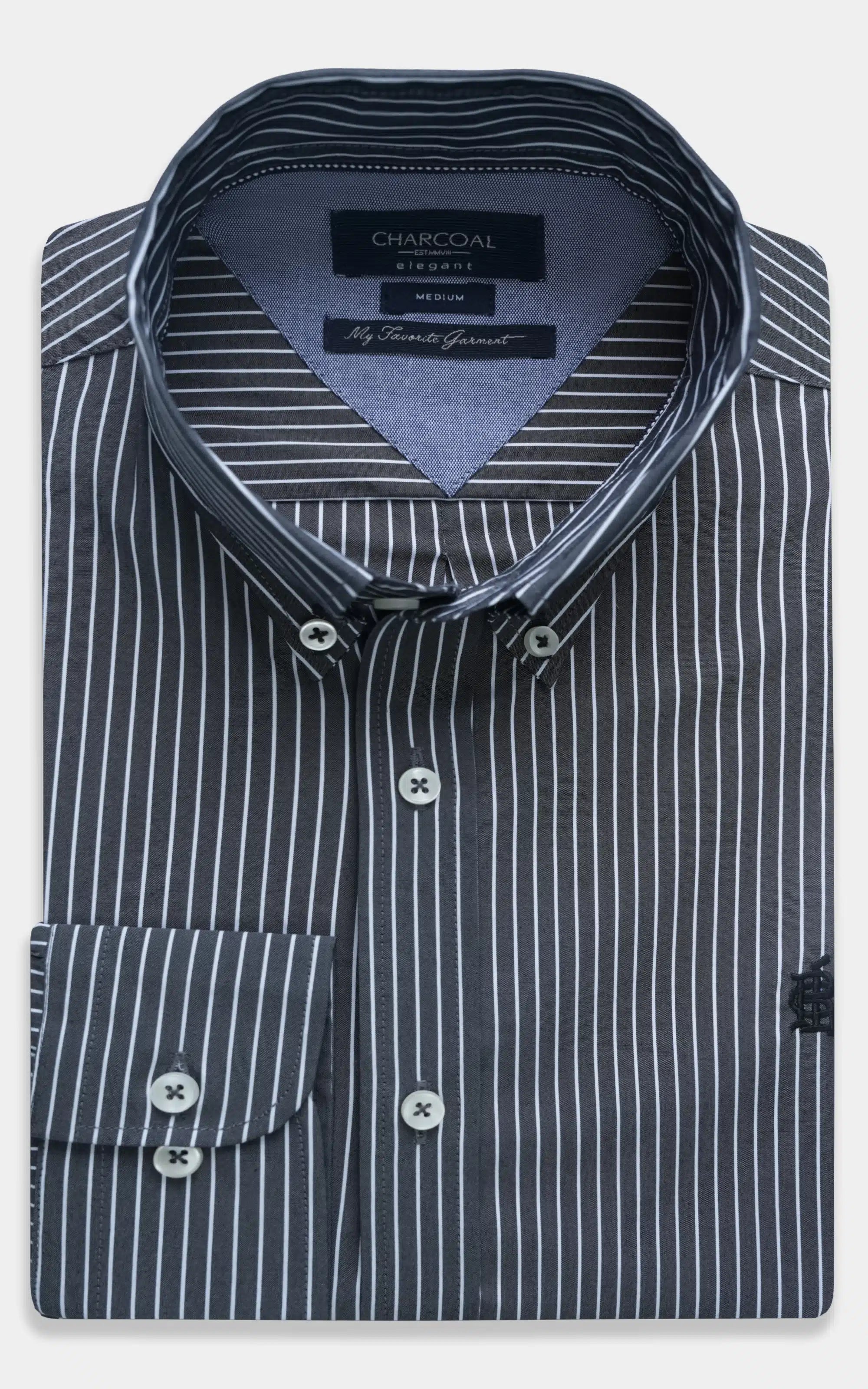 Dark grey striped dress shirt with pointed collar and buttoned cuffs