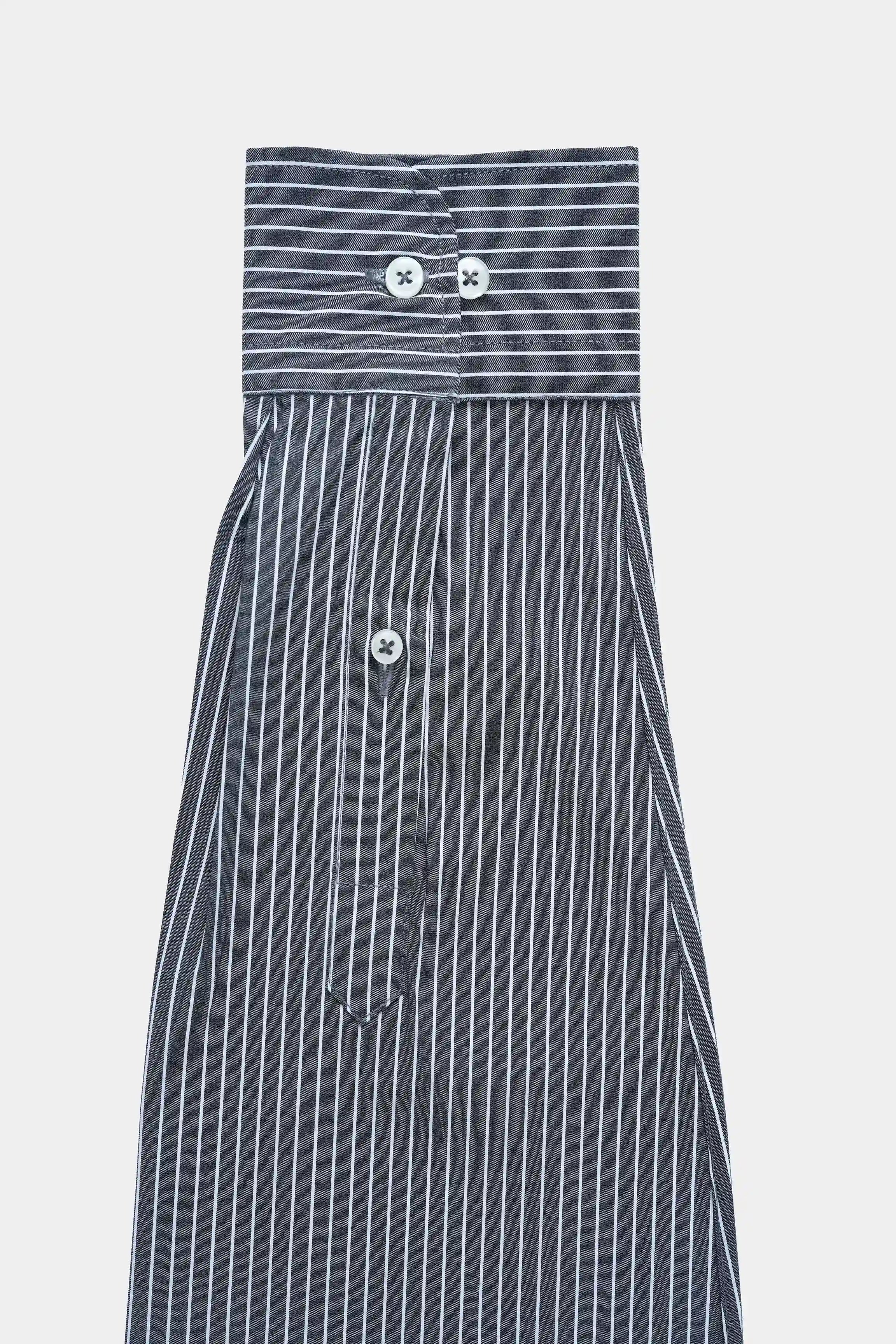 Dark grey striped dress shirt with front placket and stand collar
