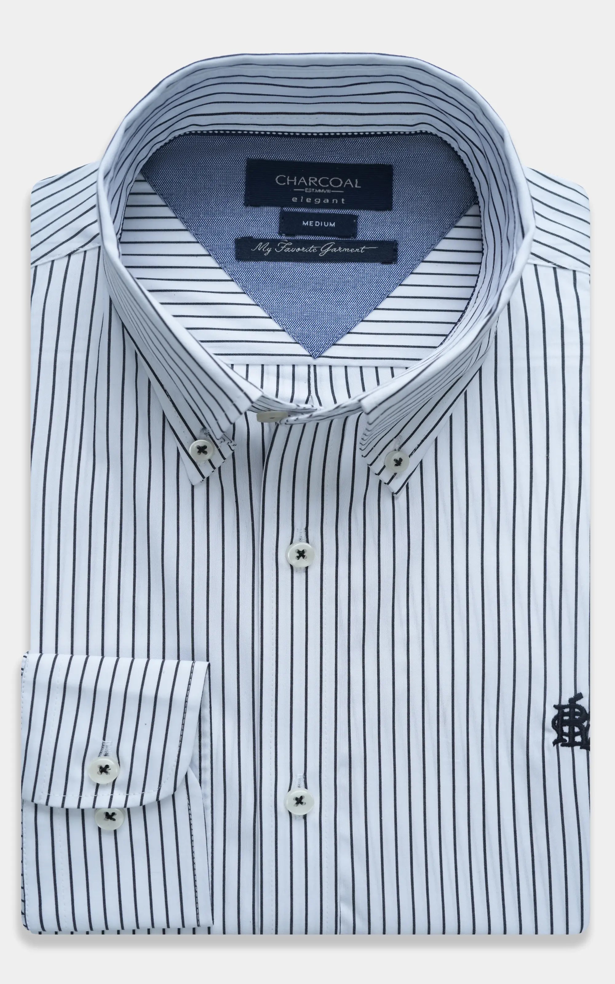 Striped dress shirt with pointed collar and front buttons, white with black pinstripes