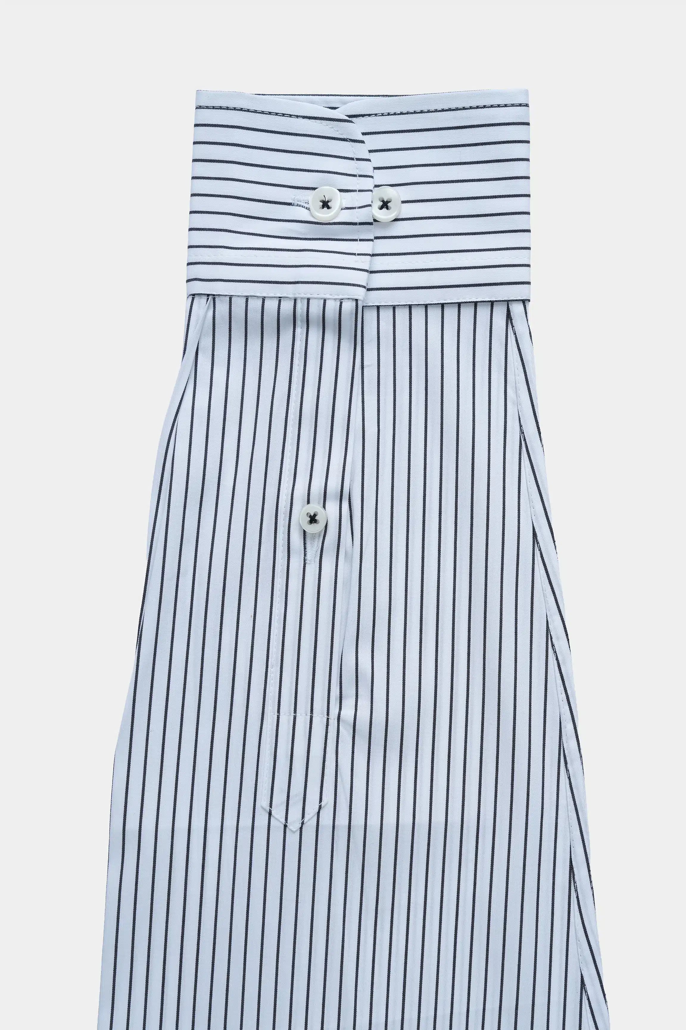 Striped dress shirt front with pleated panel and button-down placket
