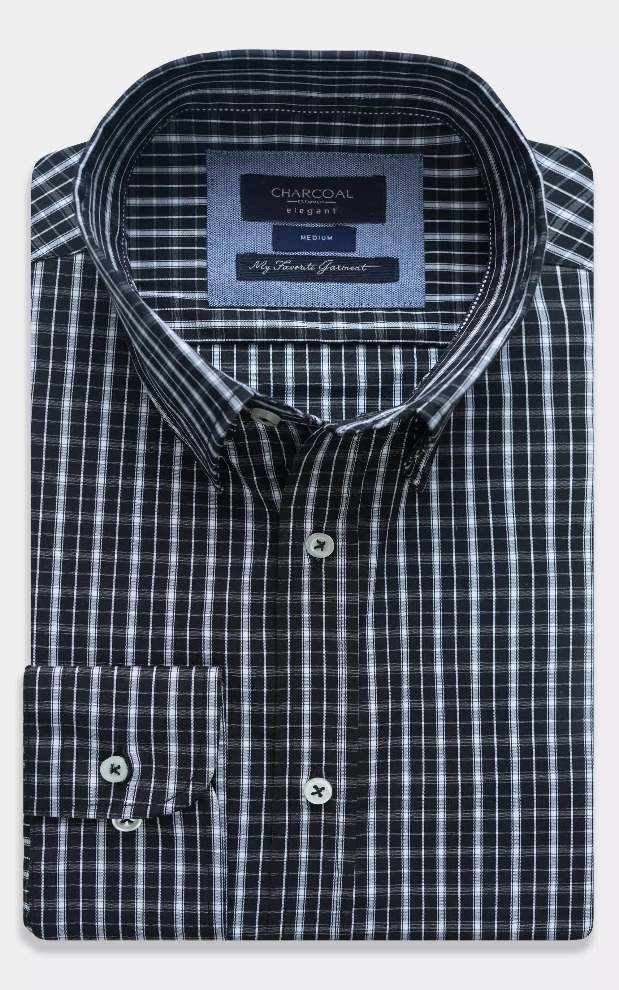Semi-formal black check dress shirt, button-down collar and cuffs