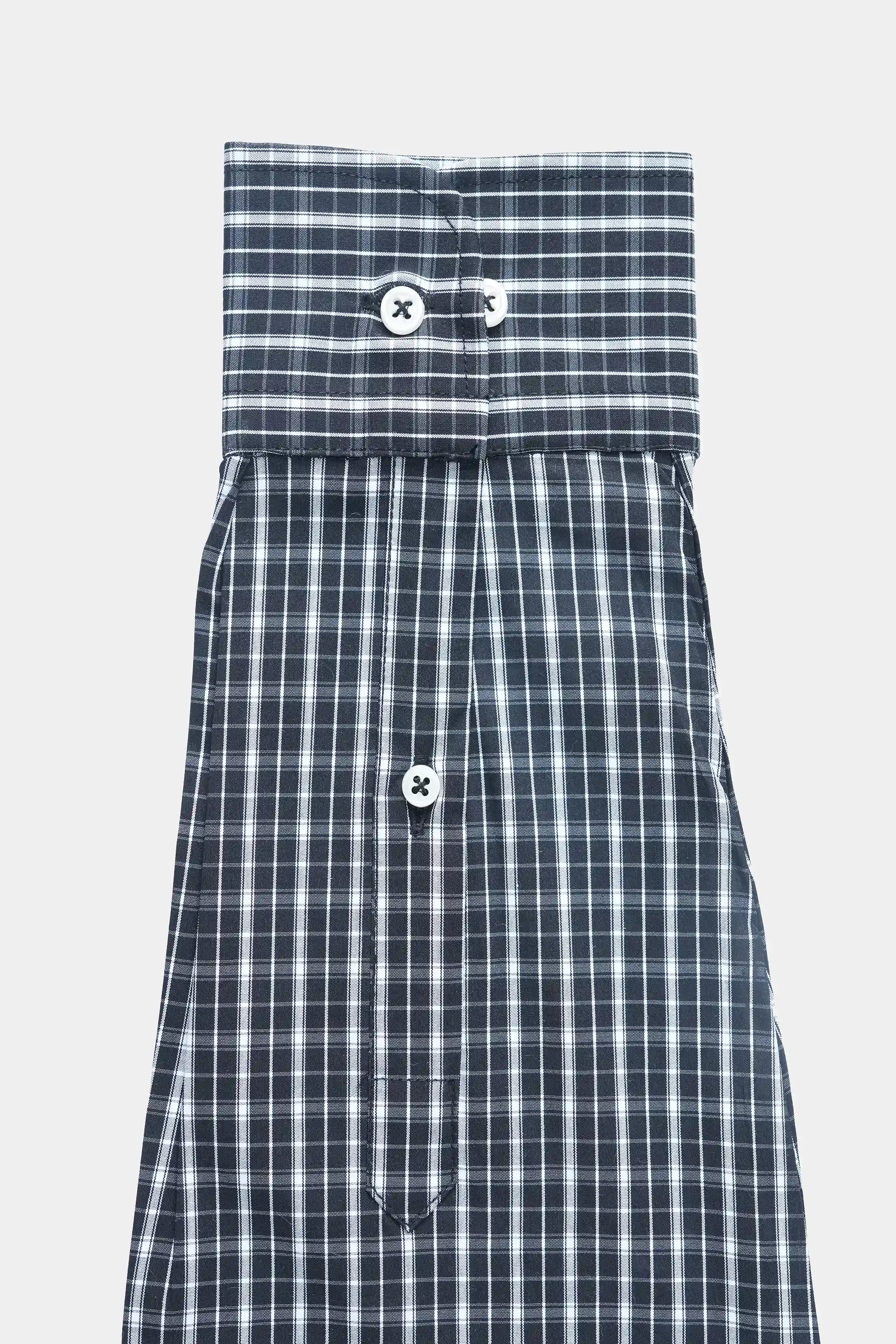 Black check dress shirt, hanging front with button placket