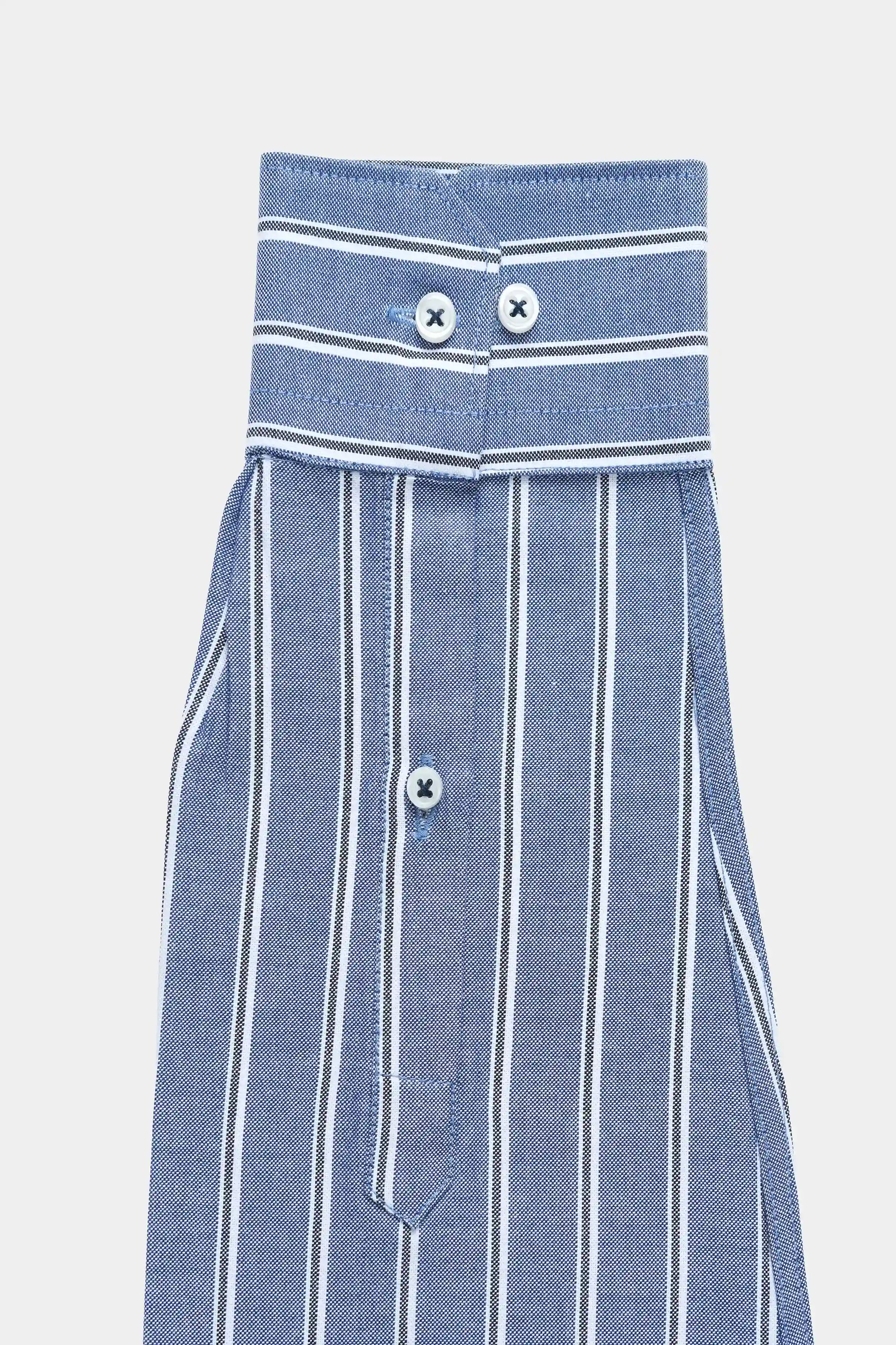 Chambray blue striped shirt with French collar and buttoned front placket