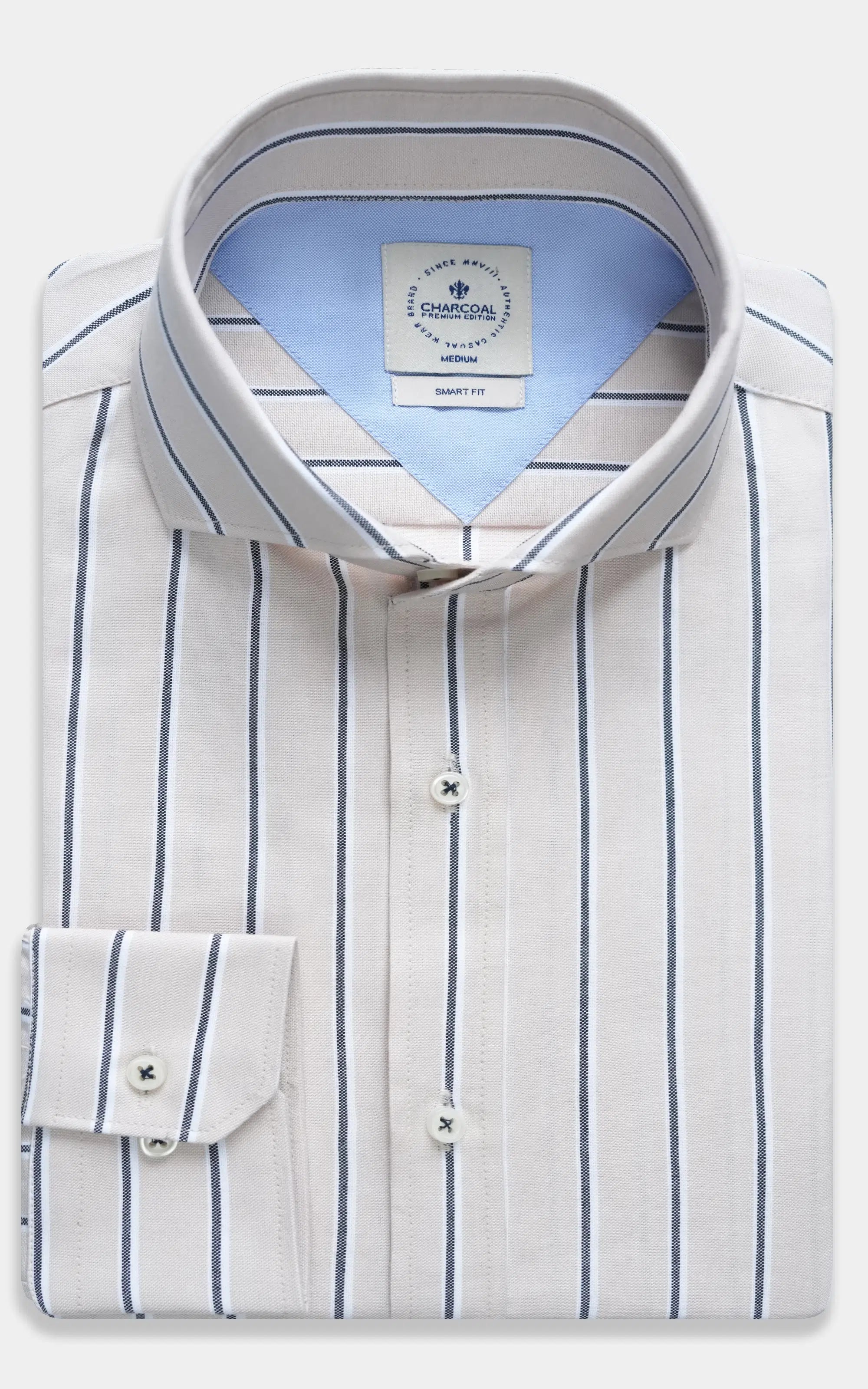 Striped smart shirt with French collar, cream and navy vertical lines, button cuffs
