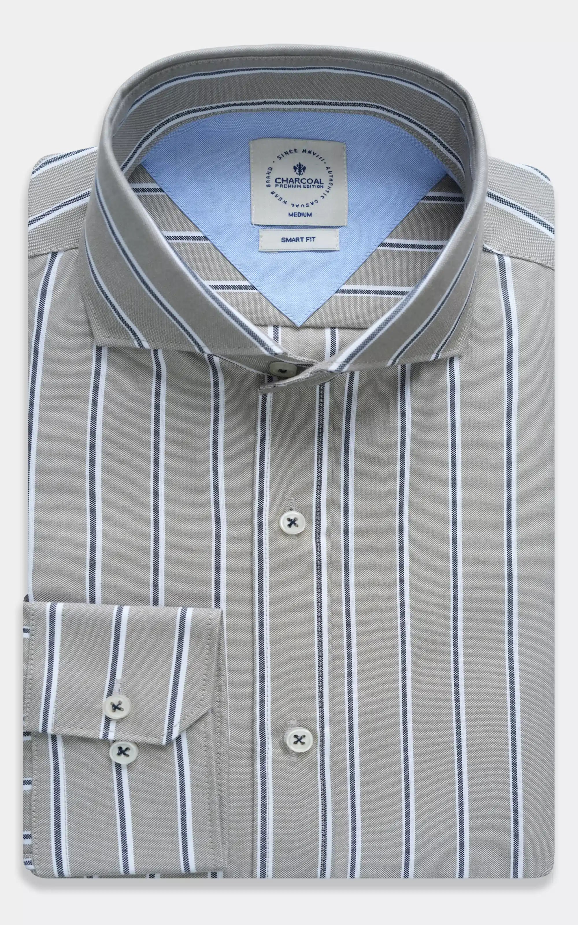 French-collar smart shirt in light green with blue vertical stripes, button placket