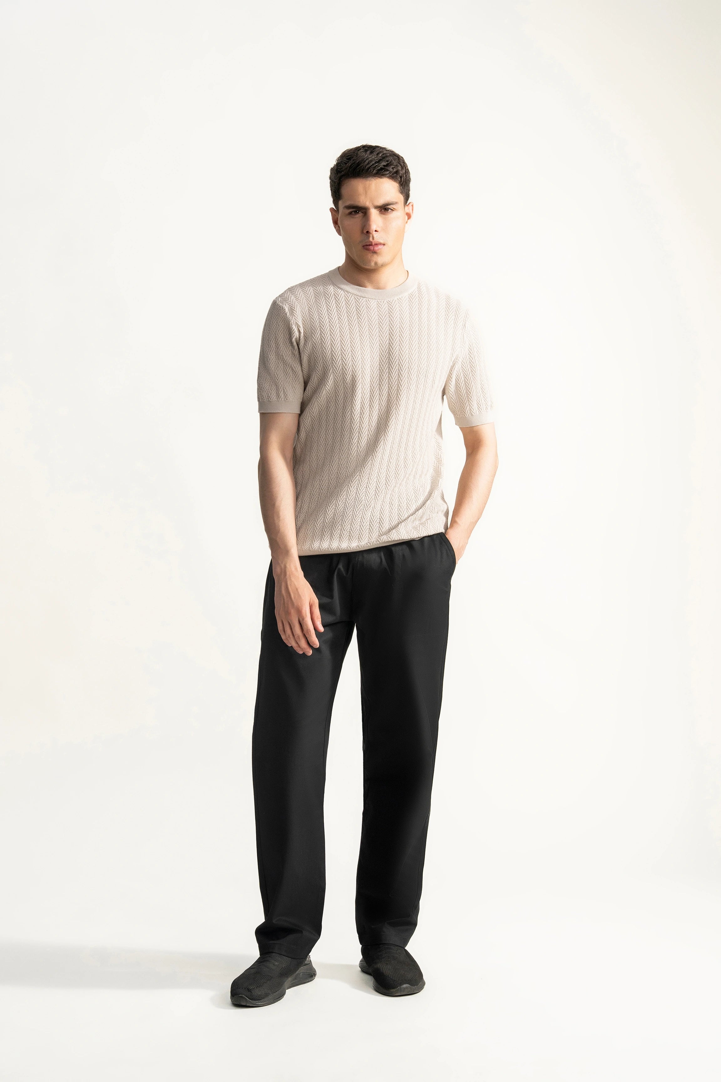 SWEATER KNIT SELF STRIPED CREW  NECK T SHIRT BEIGE