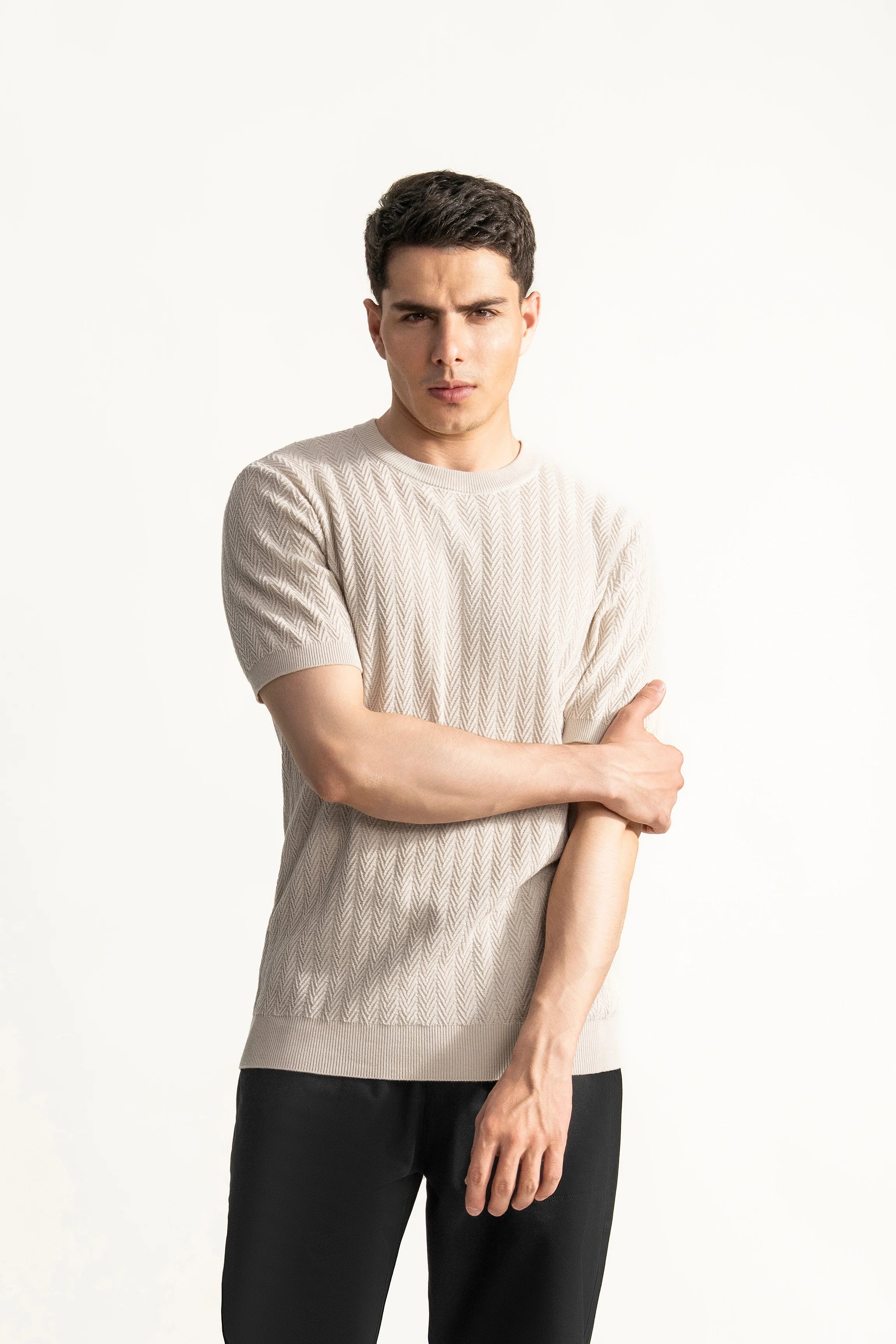 SWEATER KNIT SELF STRIPED CREW  NECK T SHIRT BEIGE