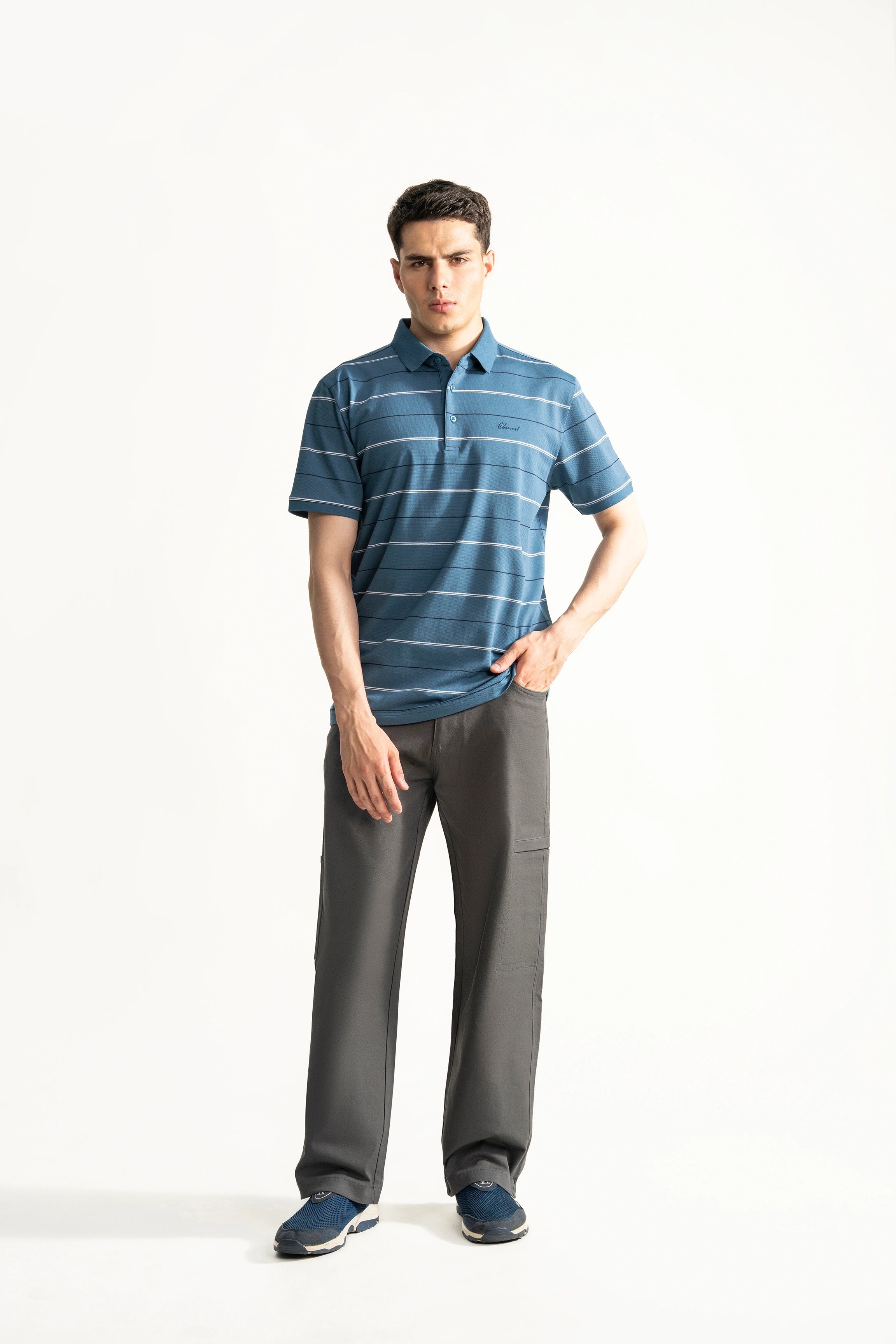 SMART FIT CLASSIC PREMIUM STRIPED POLO SHIRT TEAL BLUE