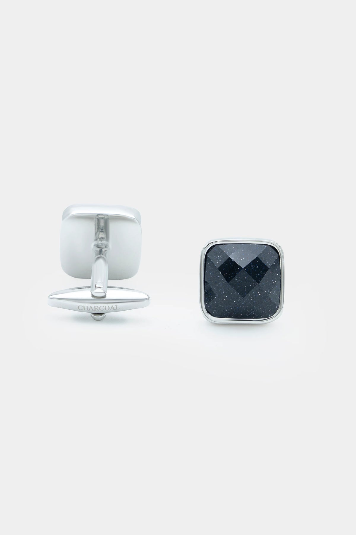 Silver-back cufflinks with square dark stone face and post back detail