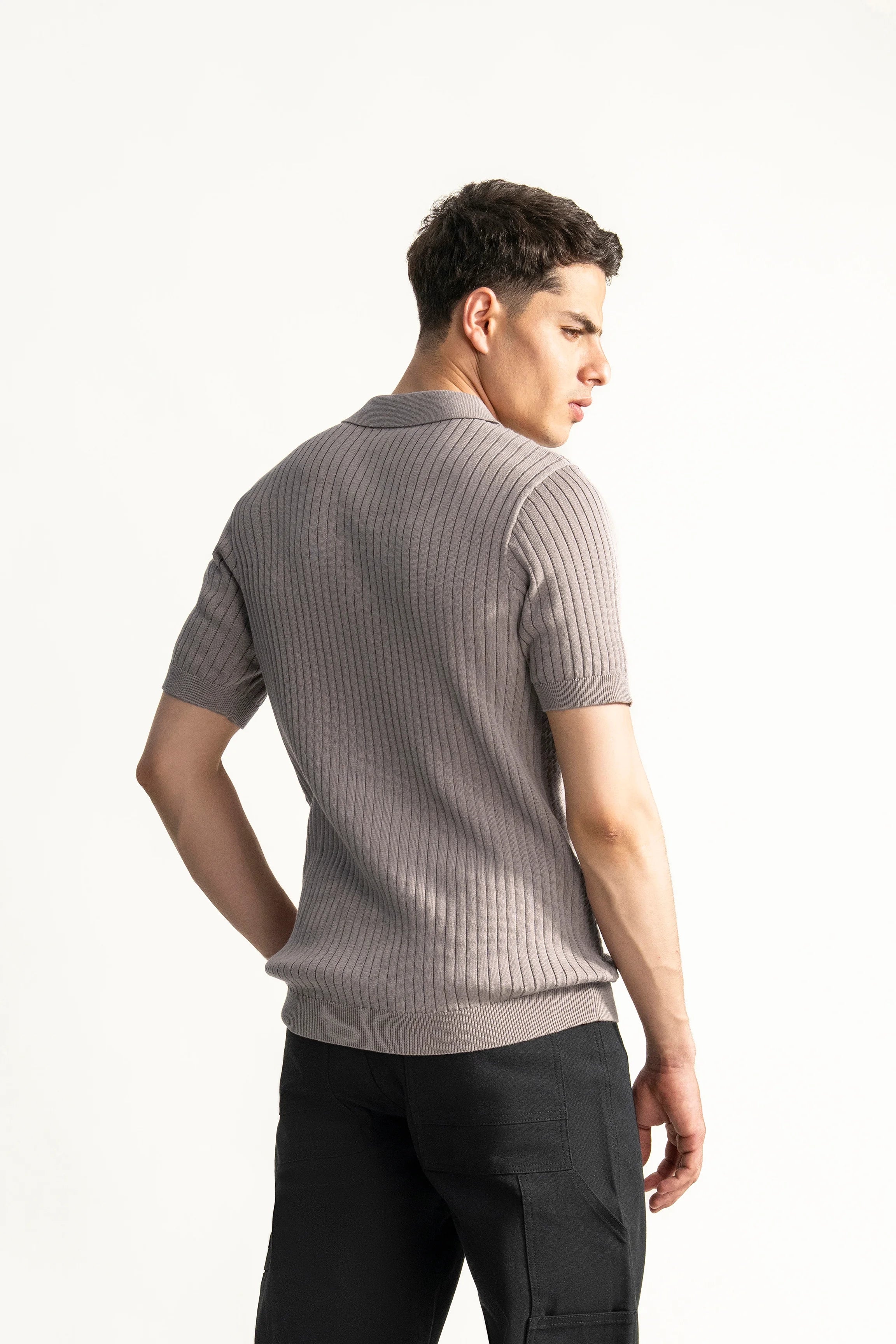 SWEATER KNIT SELF TEXTURED POLO KHAKI