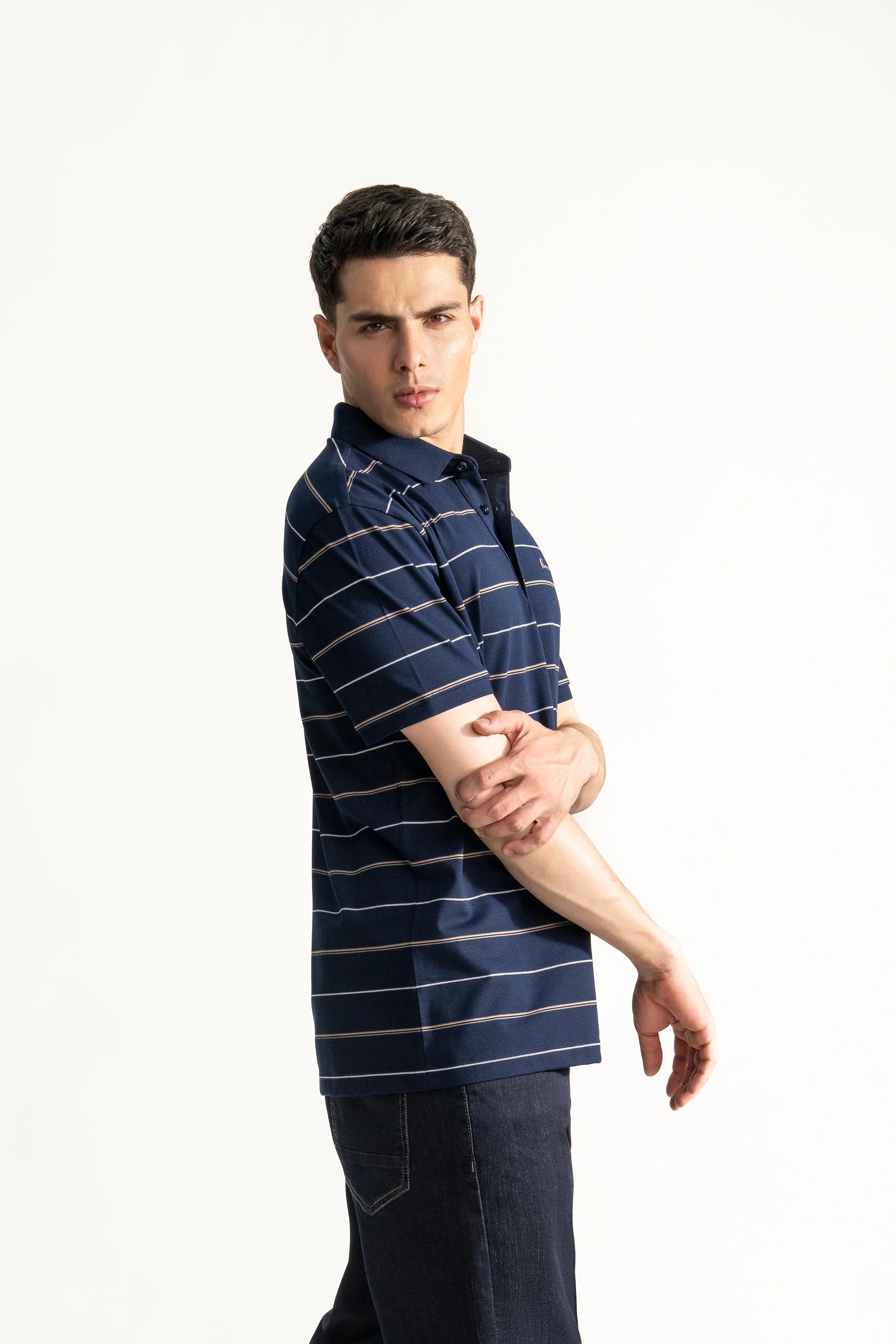 SMART FIT CLASSIC PREMIUM STRIPED POLO SHIRT NAVY