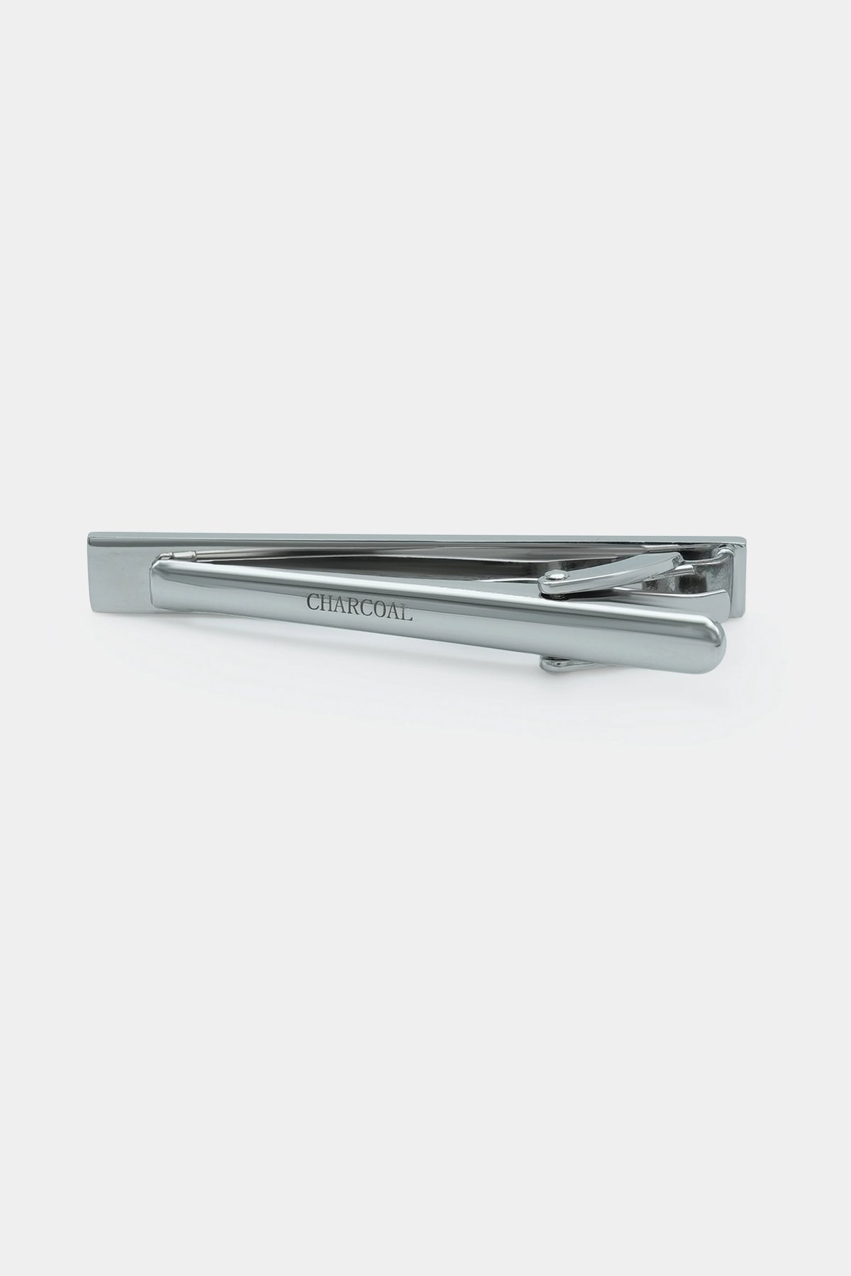 Silver tie pin bar with engraved 'CHARCOAL' and hinged clasp