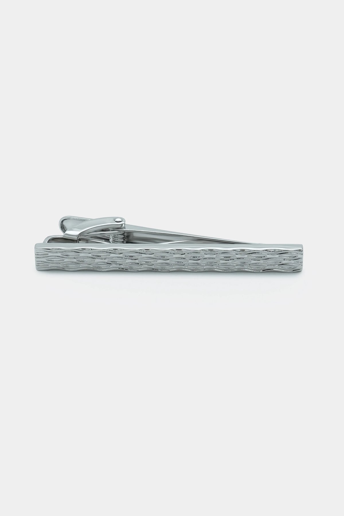 Silver tie pin bar with ridged texture and hinged loop