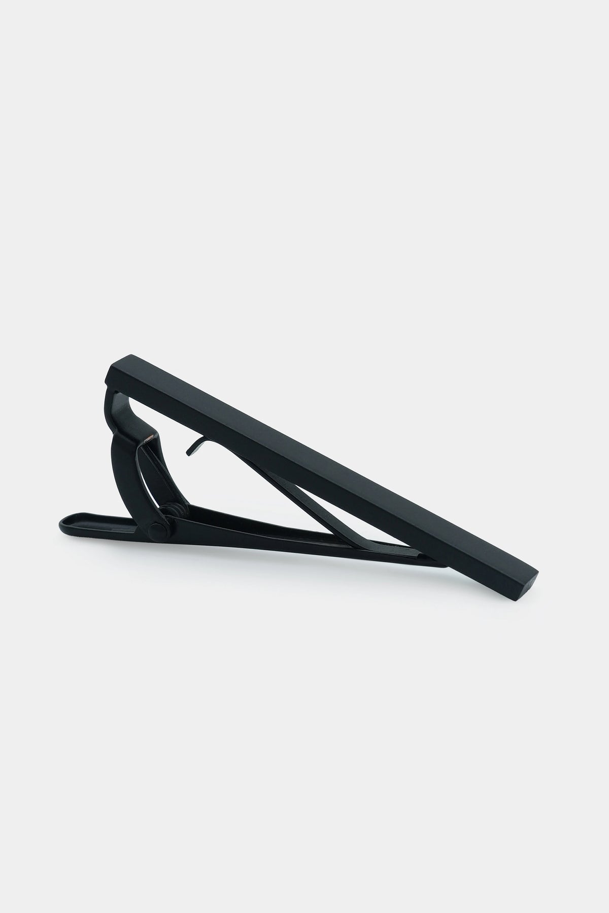 Charcoal tie pin with bar clip and hinged clasp, matte black