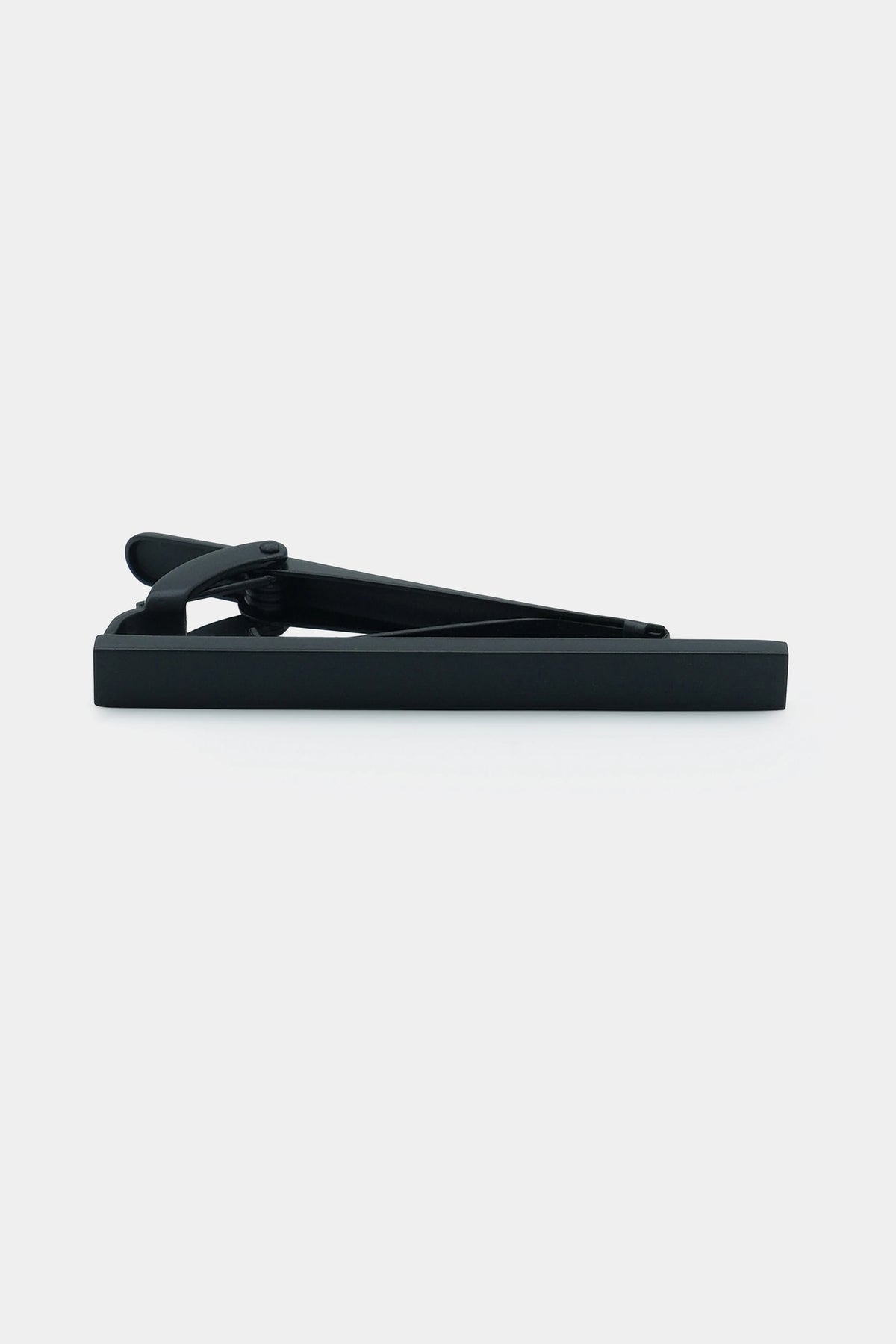 Charcoal tie pin bar clip with hinge, laid flat