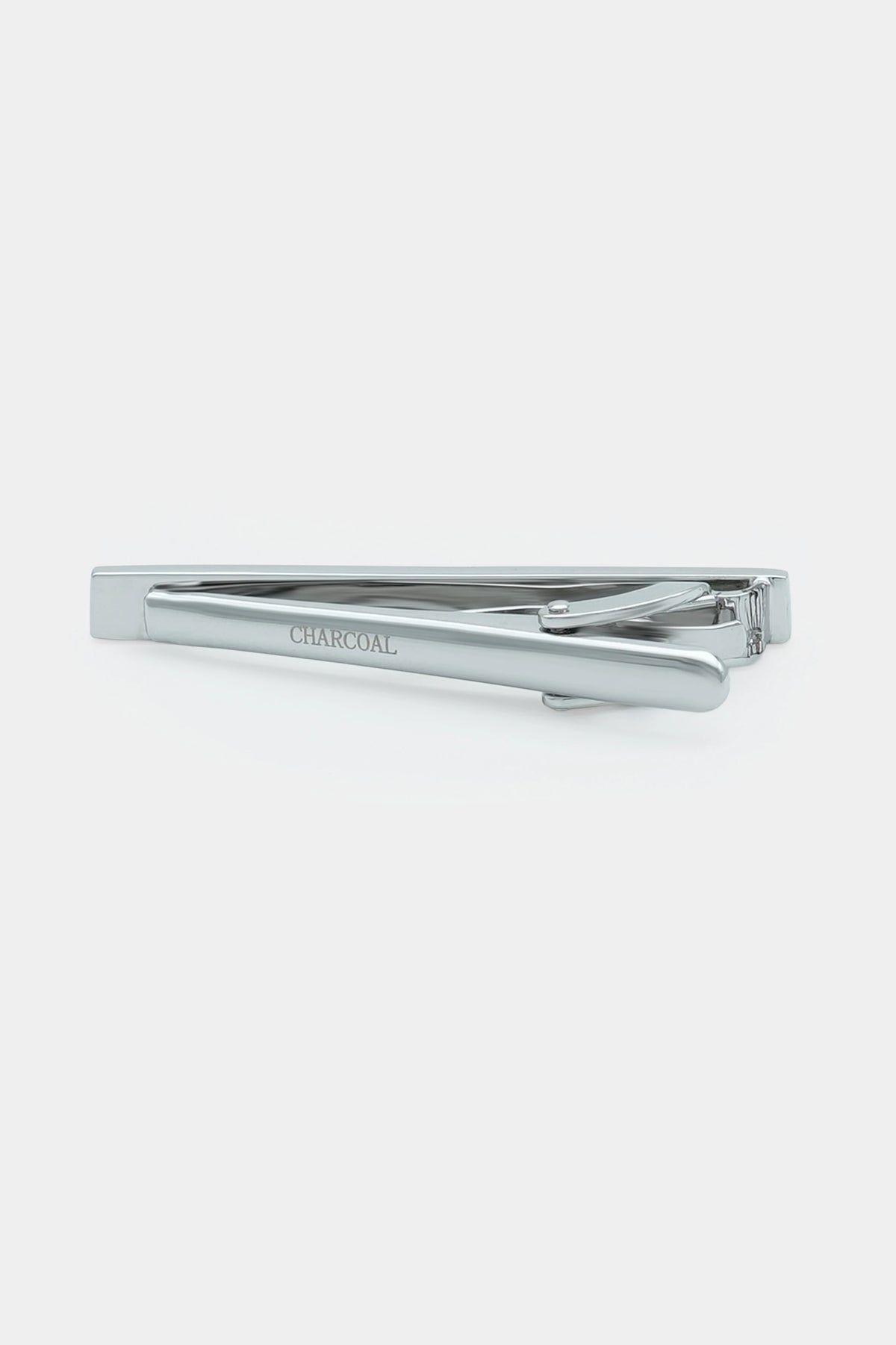 Silver tie pin with engraved CHARCOAL on the bar and hinged clasp