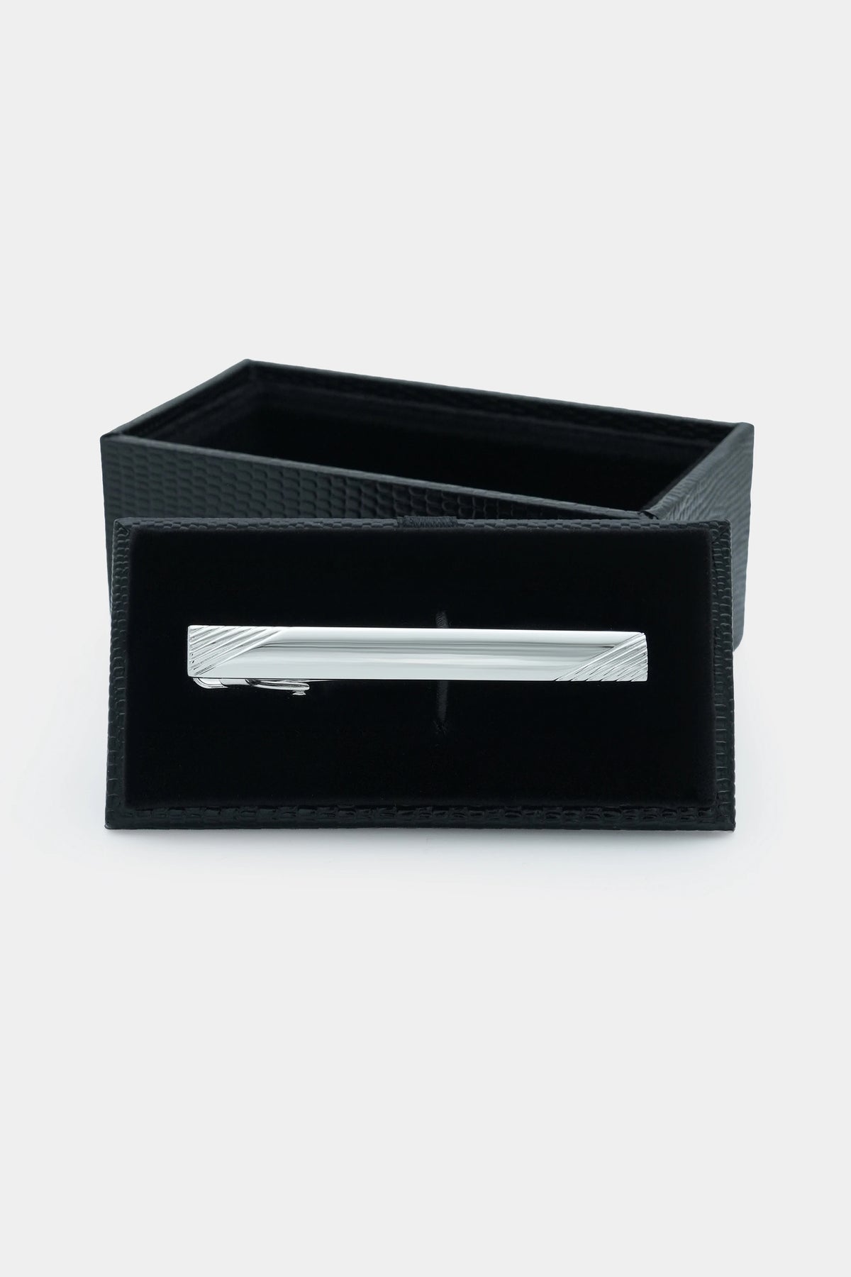 Silver tie pin in black presentation box