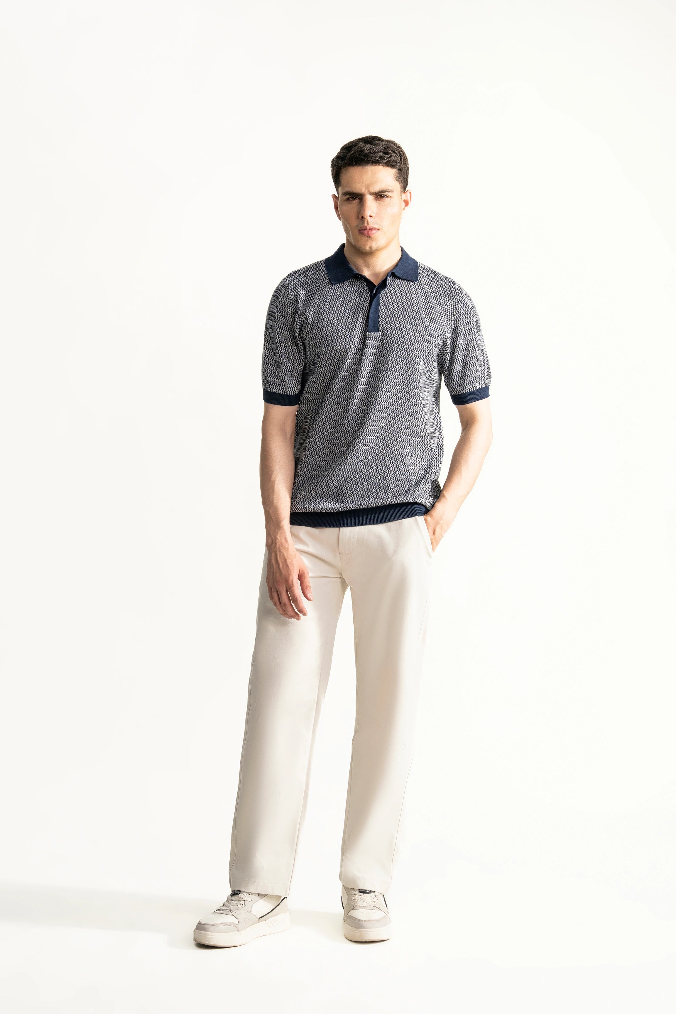 SWEATER KNIT SELF TEXTURED  POLO NAVY