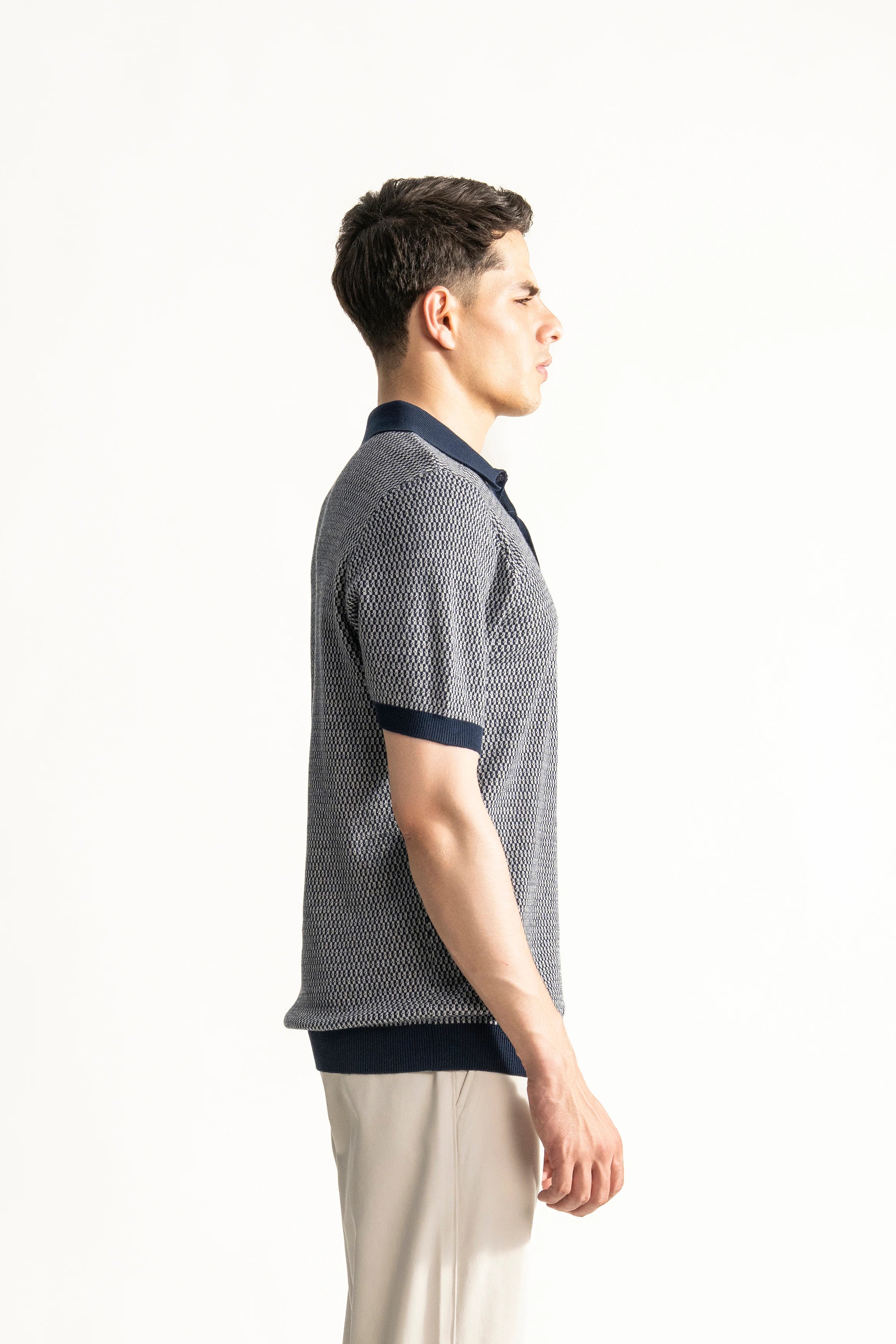 SWEATER KNIT SELF TEXTURED  POLO NAVY