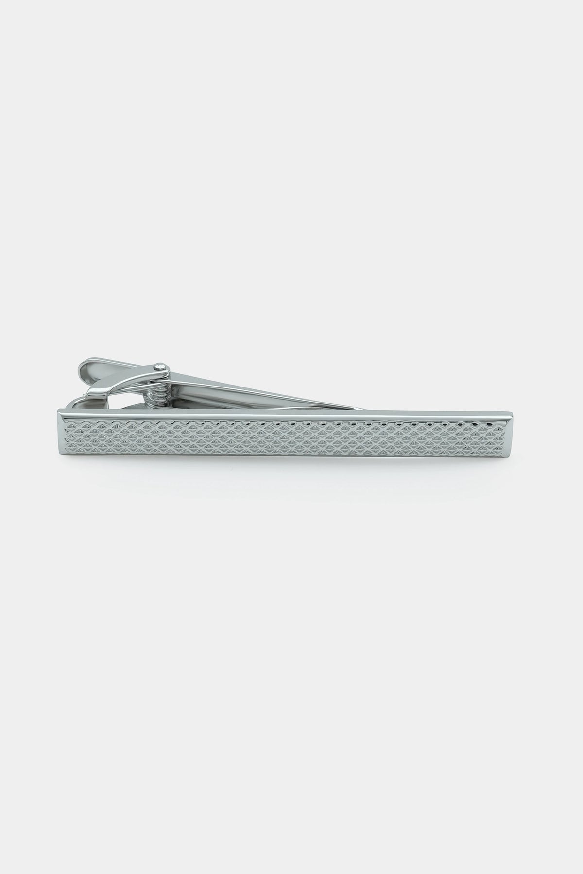 Silver textured tie bar with hinged clasp, straight side view