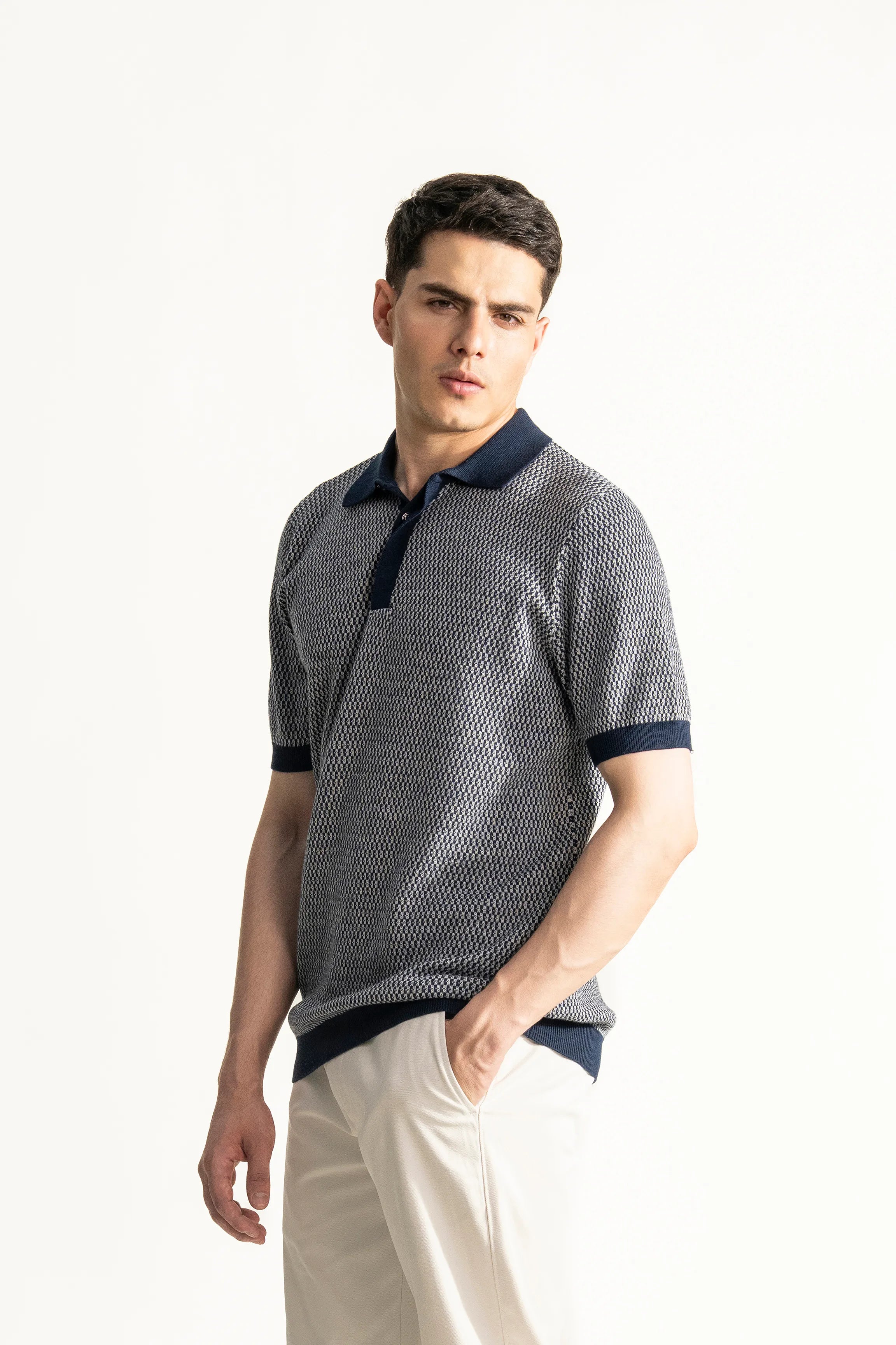 SWEATER KNIT SELF TEXTURED  POLO NAVY