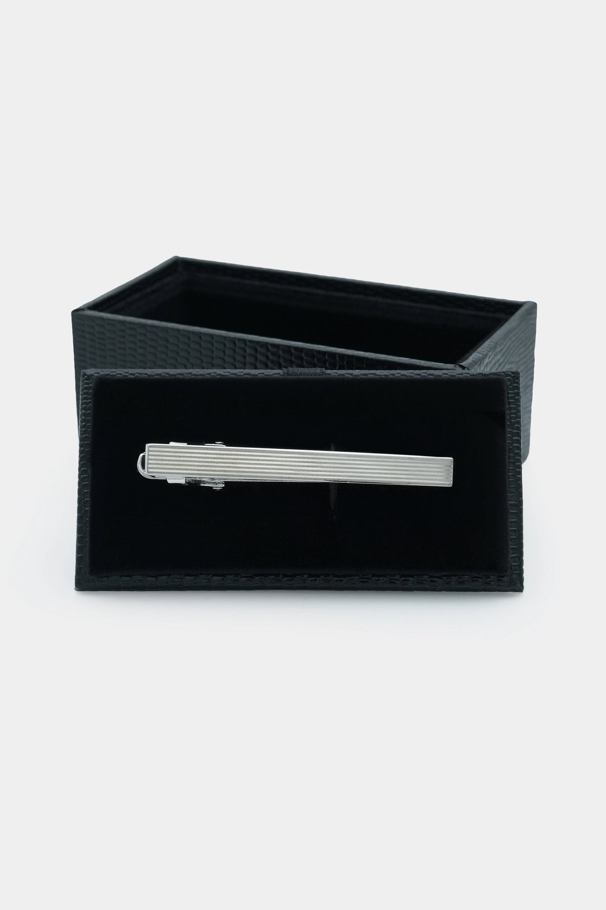Silver tie clip in black gift box
