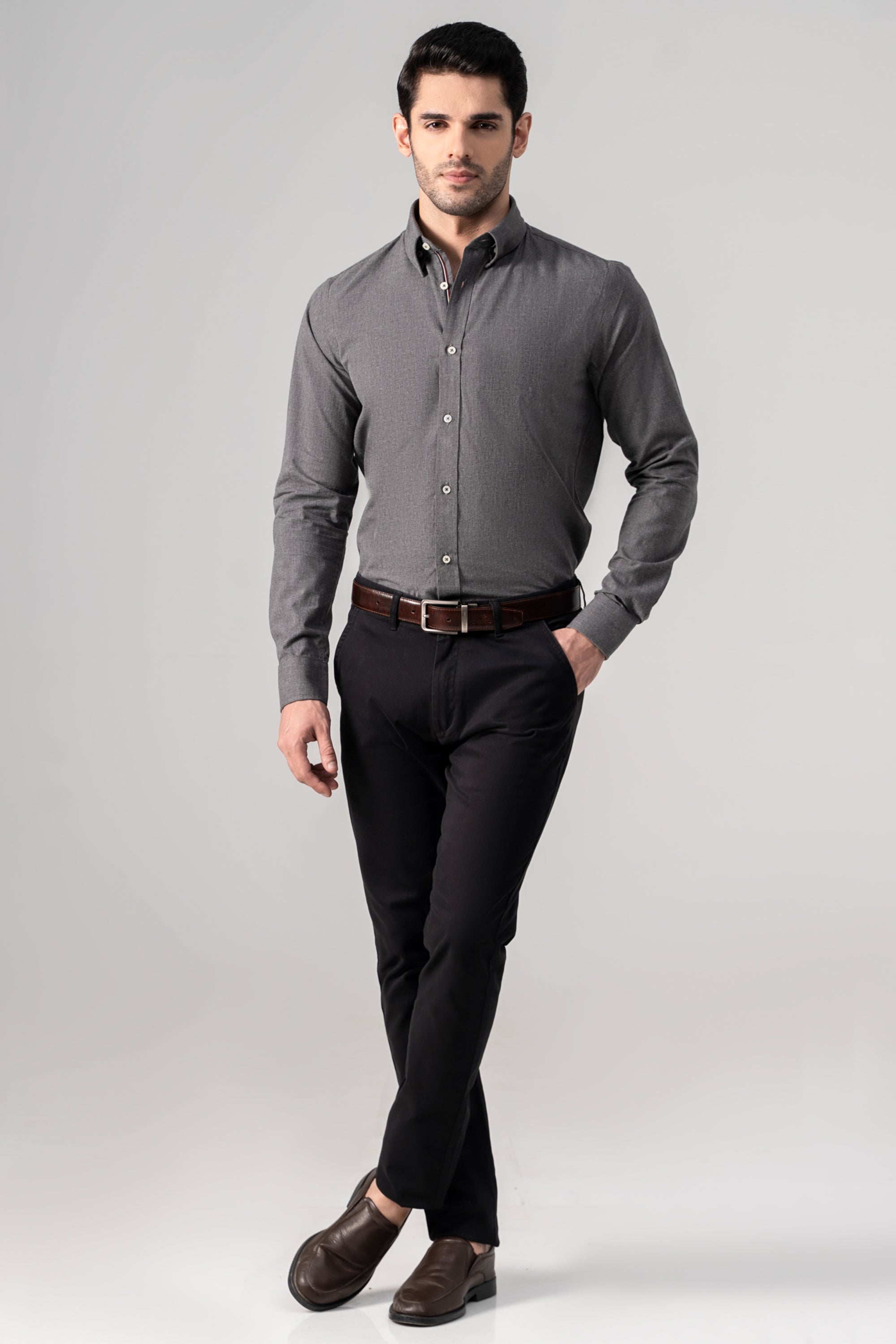 Men's Light Blue Dress Shirt, Grey Dress Pants, Black Woven Leather Belt,  Grey Sunglasses | Lookastic