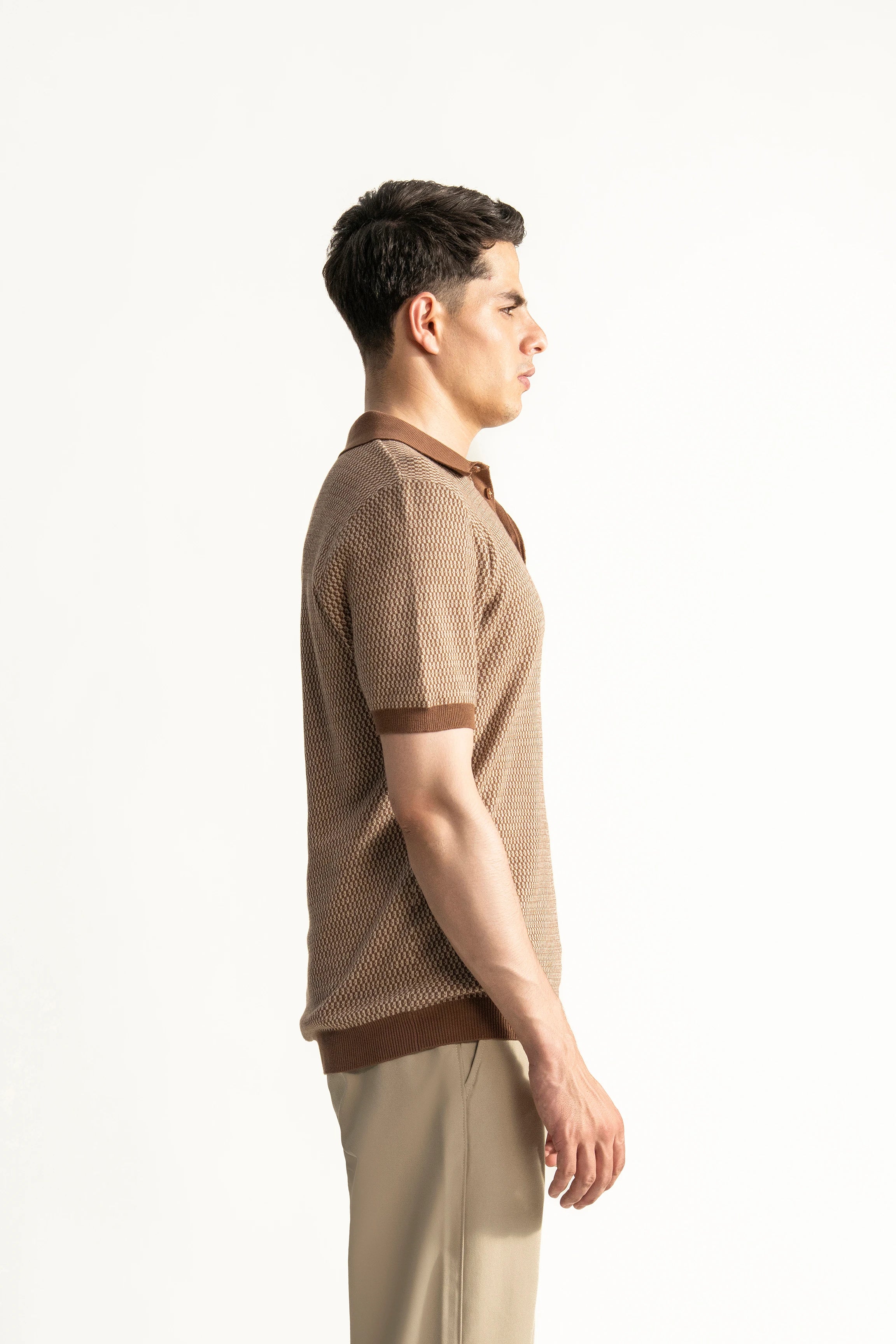SWEATER KNIT SELF TEXTURED  POLO BROWN