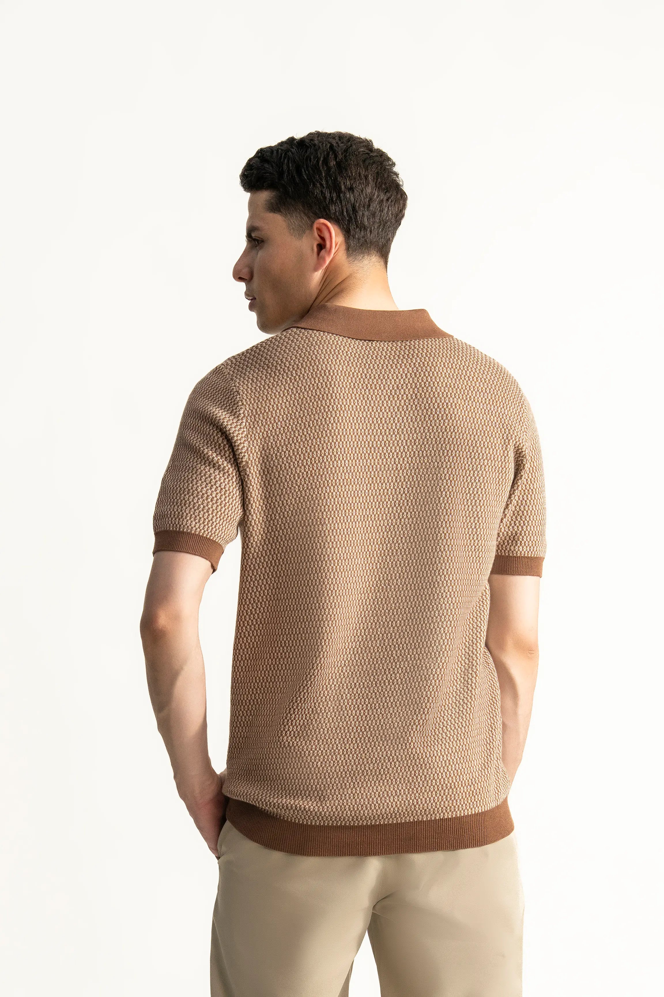SWEATER KNIT SELF TEXTURED  POLO BROWN