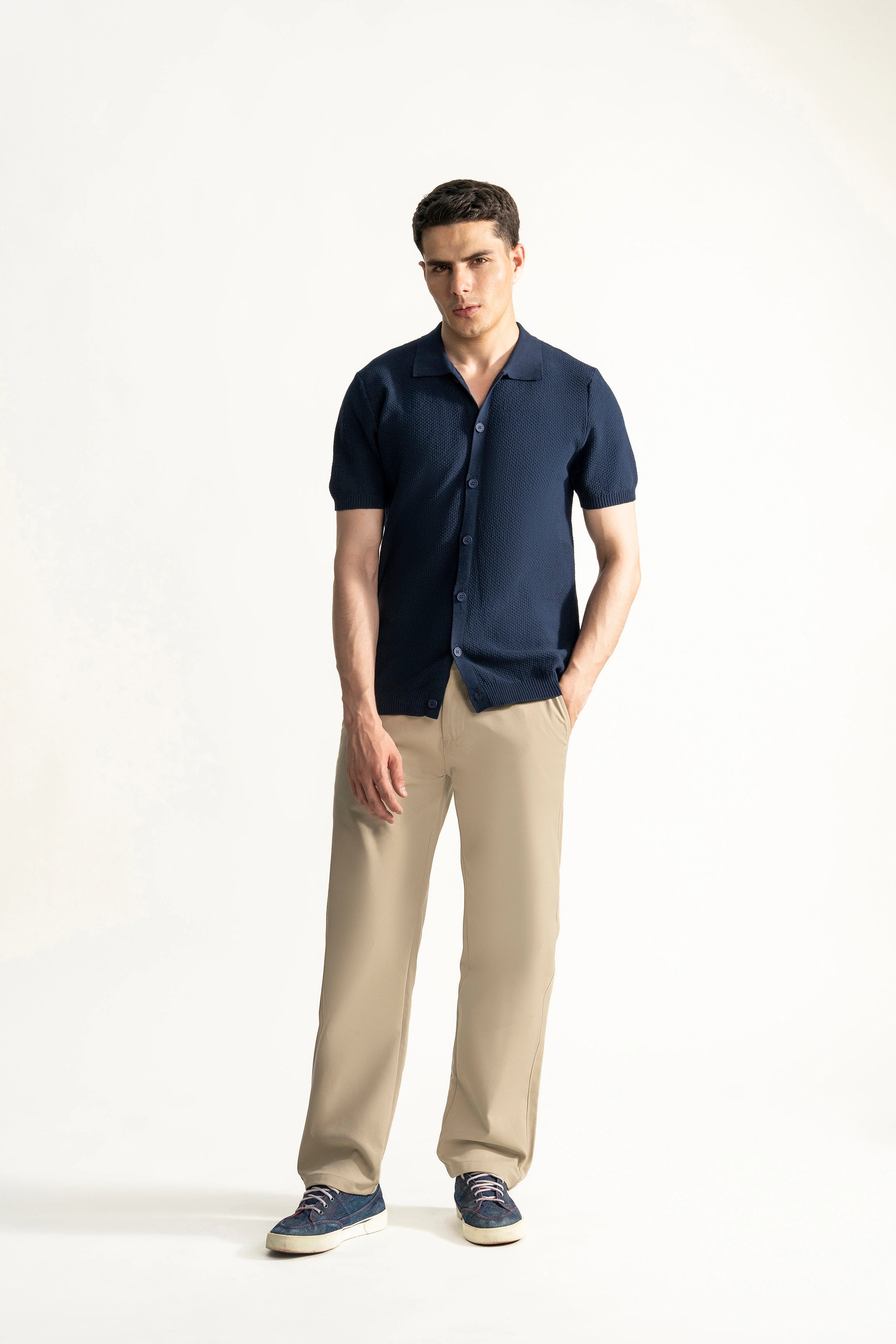 HALF SLEEVE CABLE KNIT CASUAL SHIRT NAVY