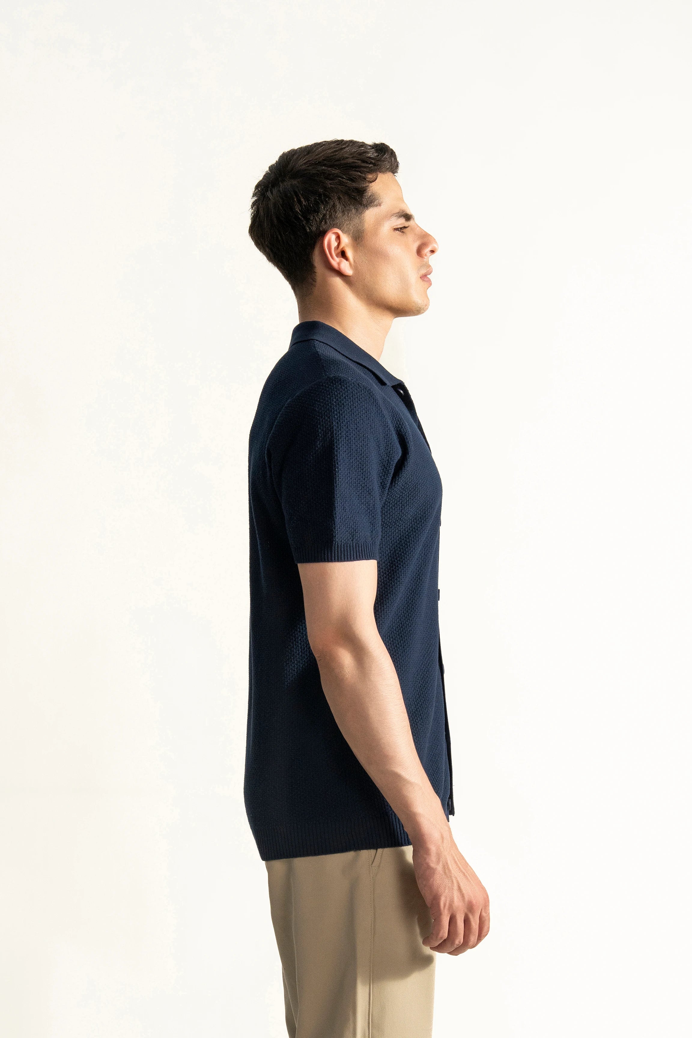 HALF SLEEVE CABLE KNIT CASUAL SHIRT NAVY