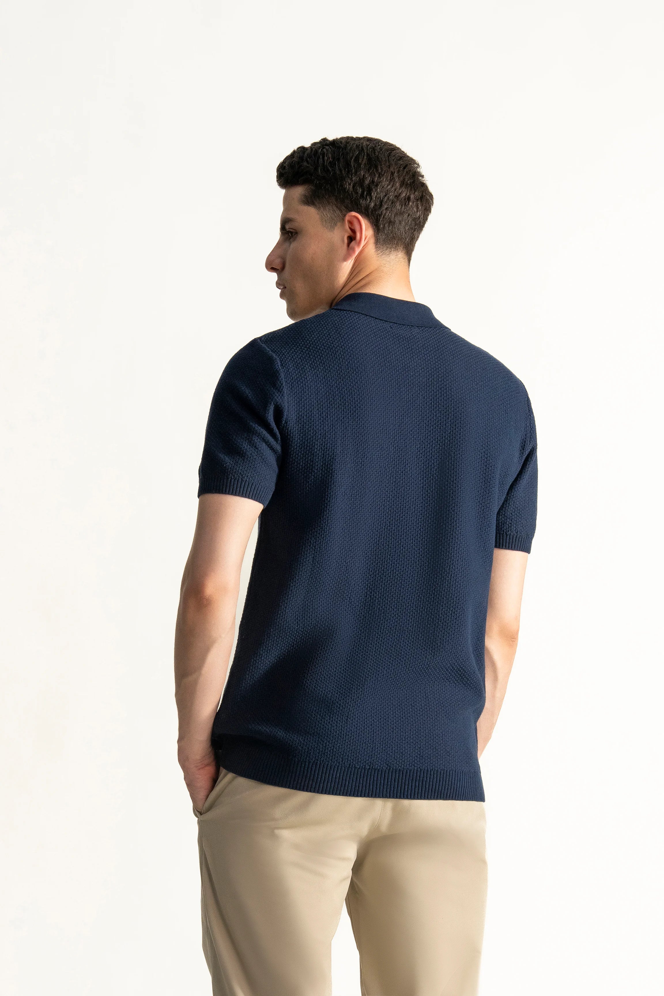 HALF SLEEVE CABLE KNIT CASUAL SHIRT NAVY