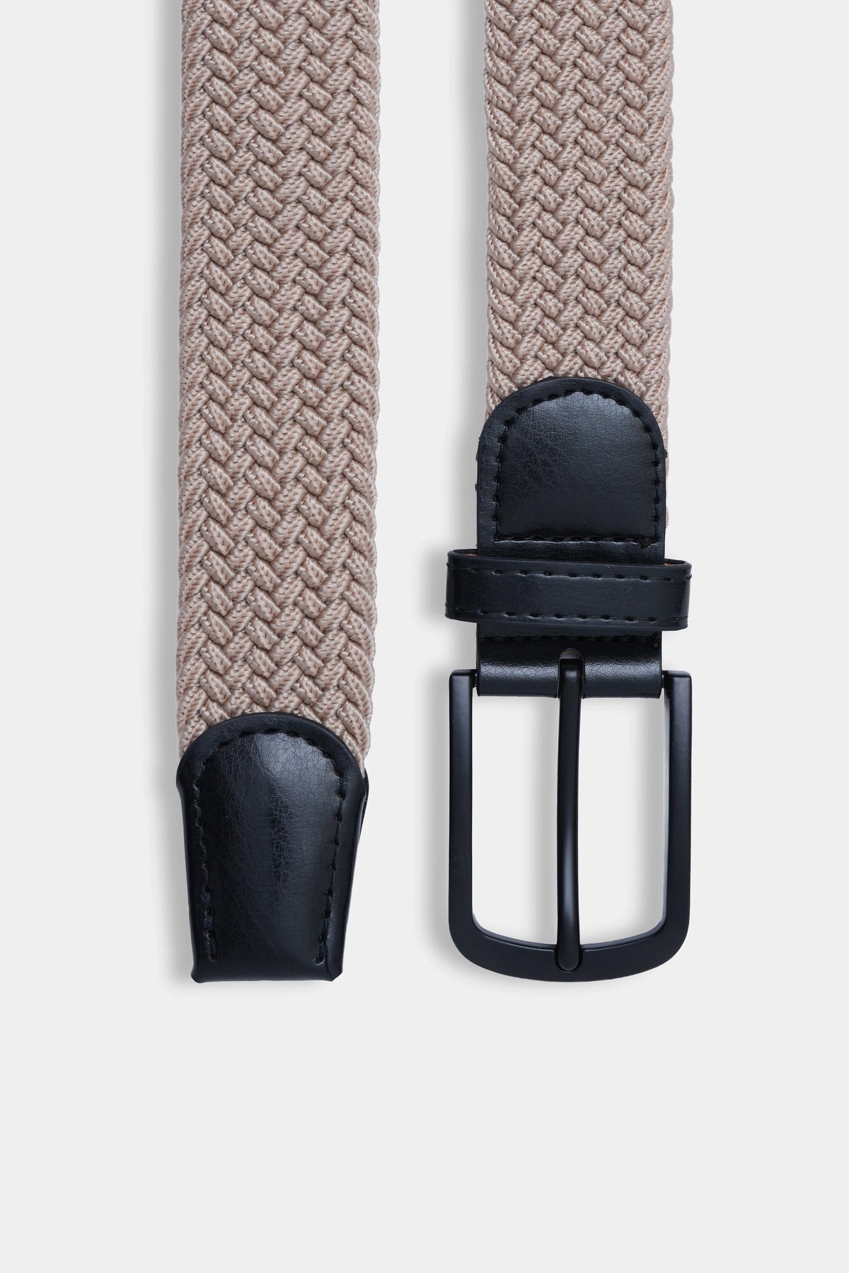 Casual belt close-up: woven beige webbing with black leather ends and buckle