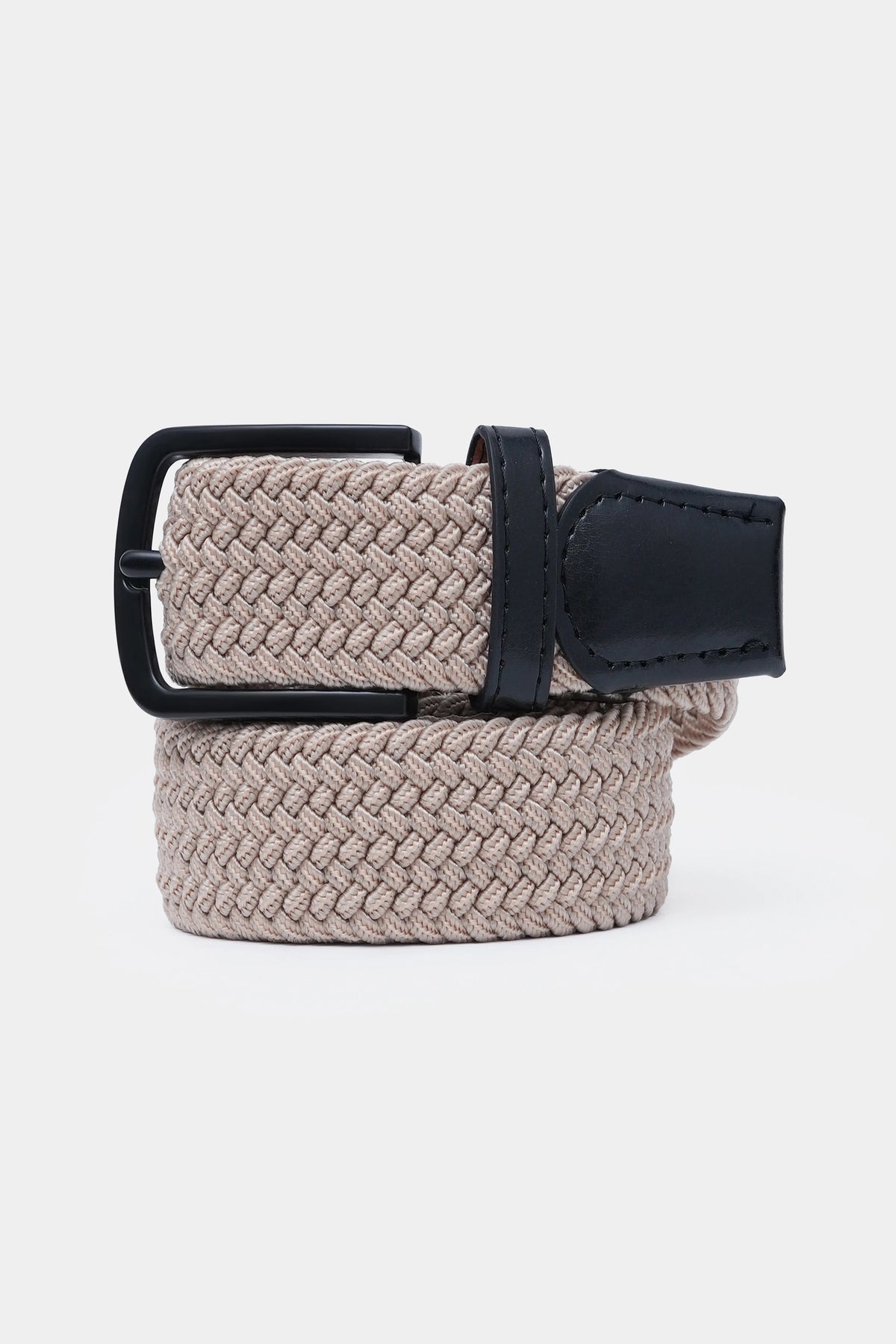 Casual belt with woven beige strap and black metal buckle, leather end tab