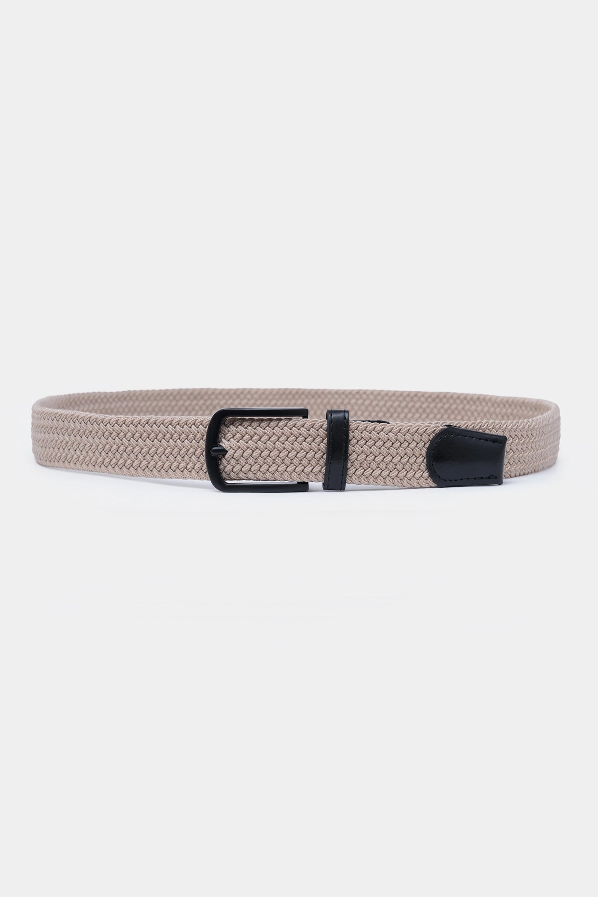 Casual belt, woven light-beige with black buckle and leather keeper