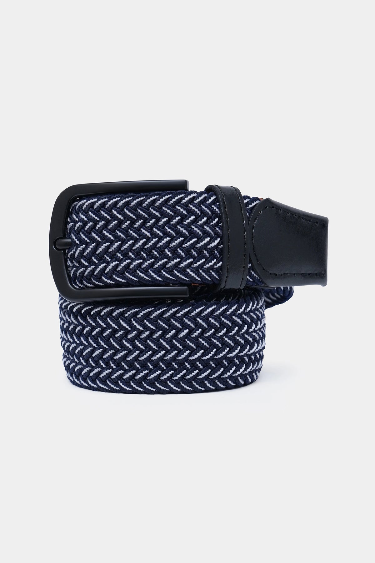 Navy woven casual belt with black leather end and metal buckle