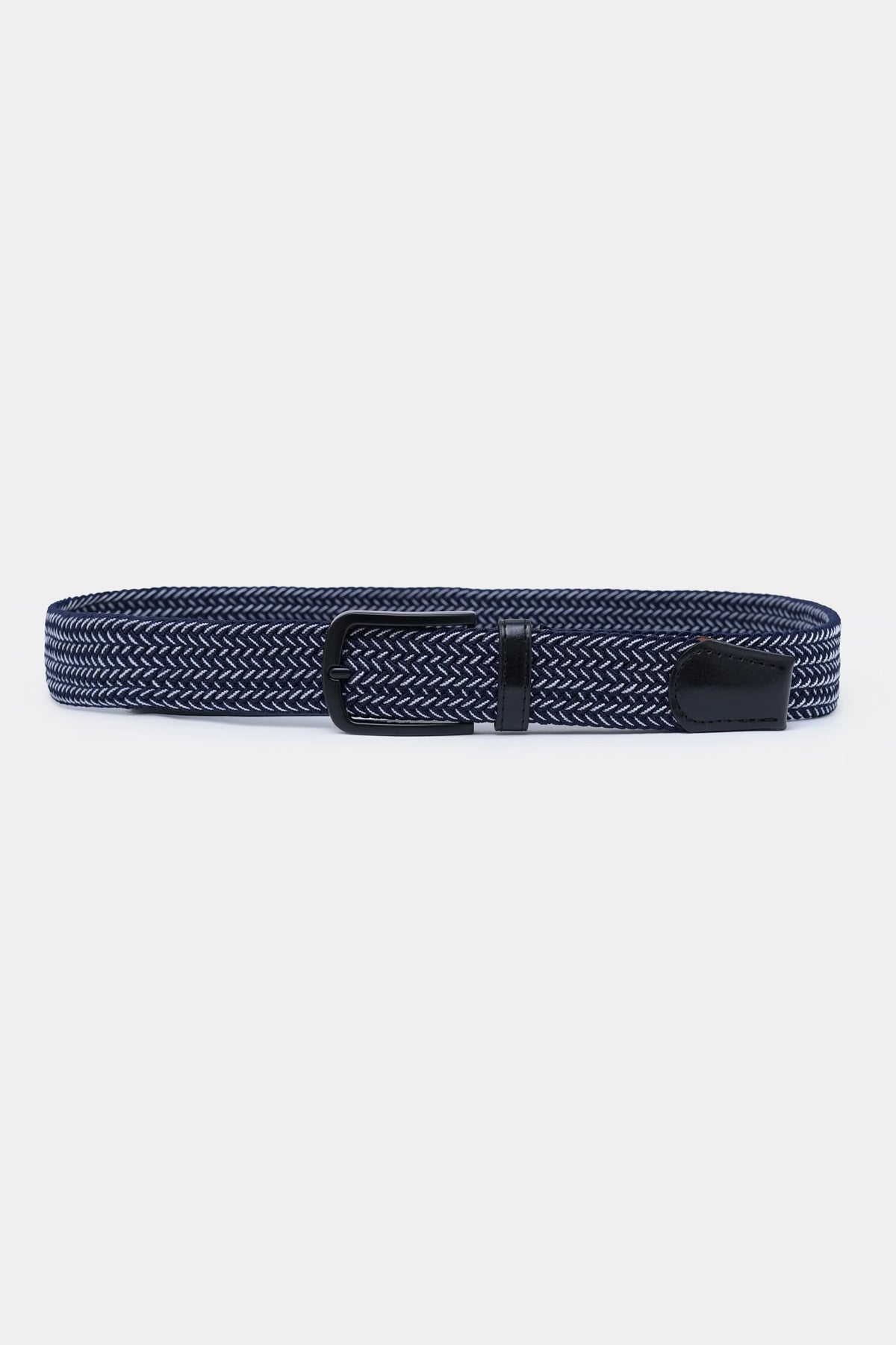 Navy woven casual belt with textured square buckle and black leather tabs