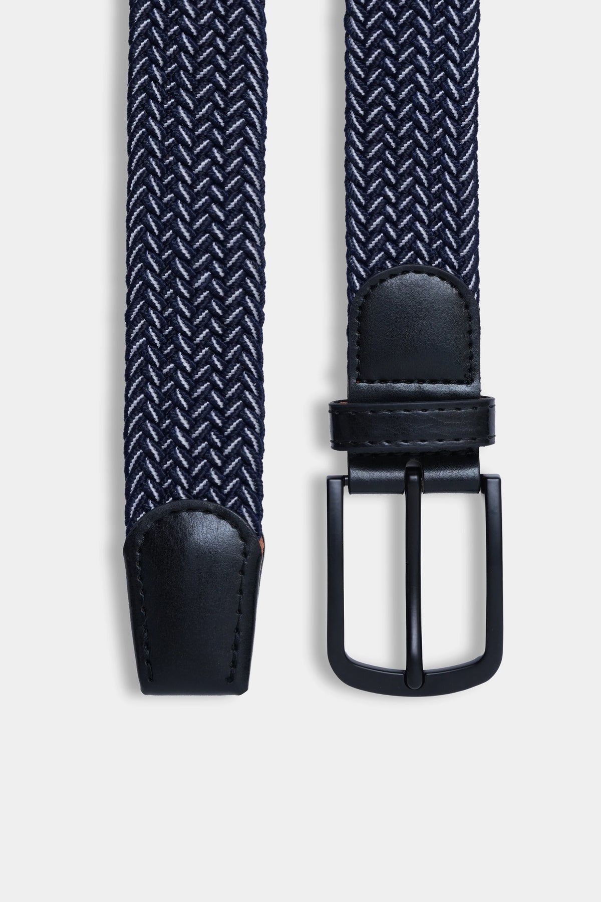 Navy woven casual belt with black leather keeper and silver-tone metal buckle