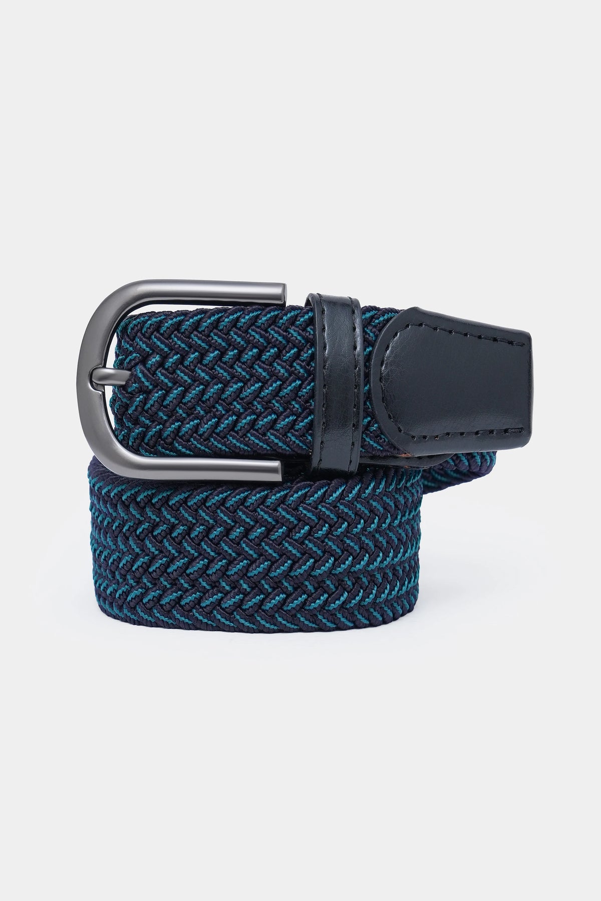 Woven blue casual belt with metal buckle and dark leather keeper and end tab.