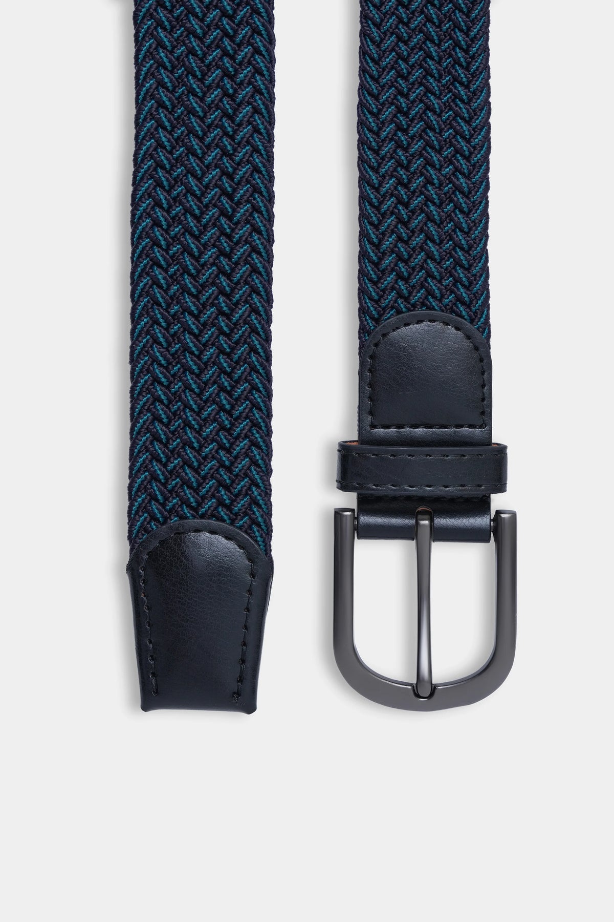 Woven blue belt straps with dark leather ends and metal buckle bar.