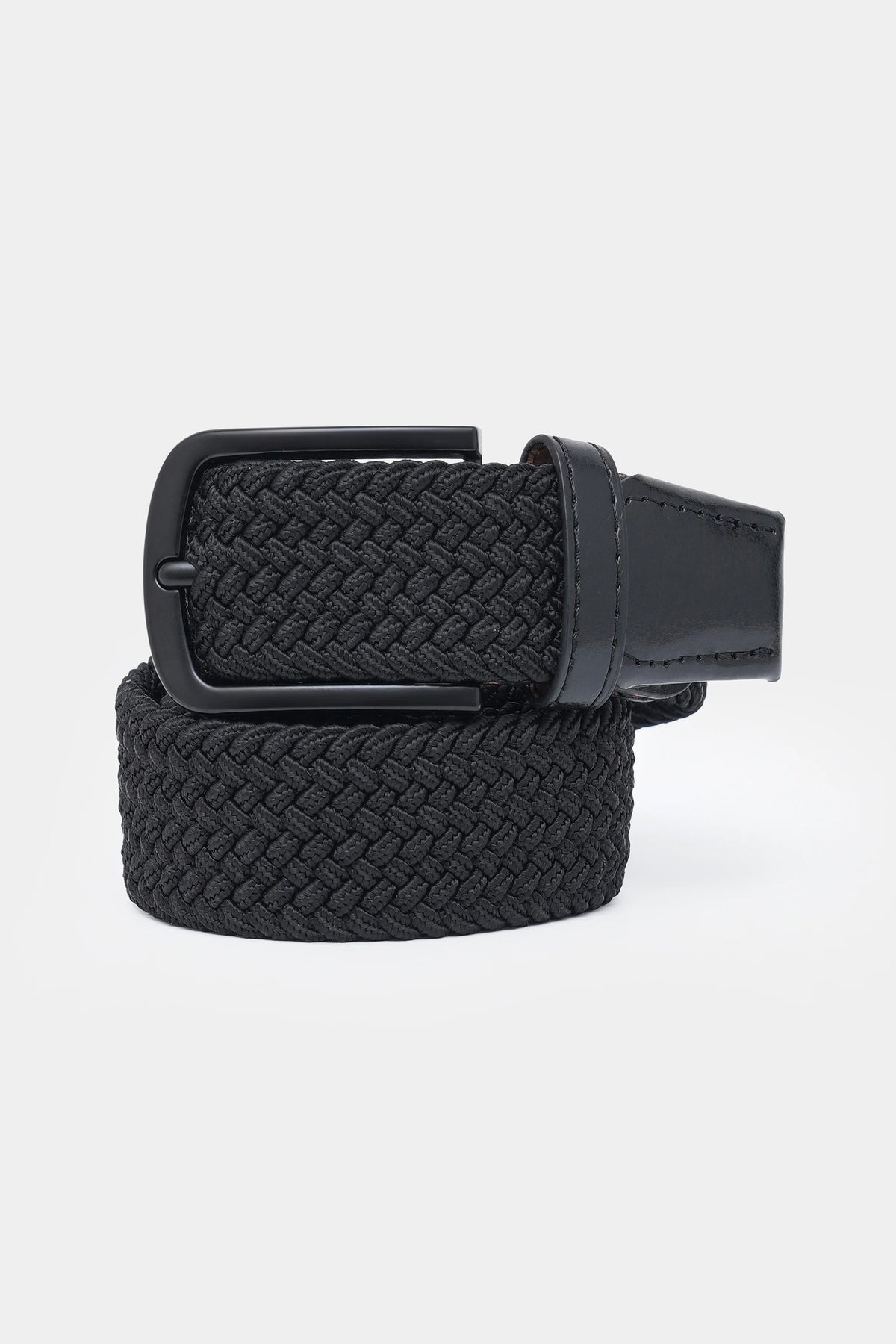 Casual woven belt, dark, with rectangular buckle and leather keeper