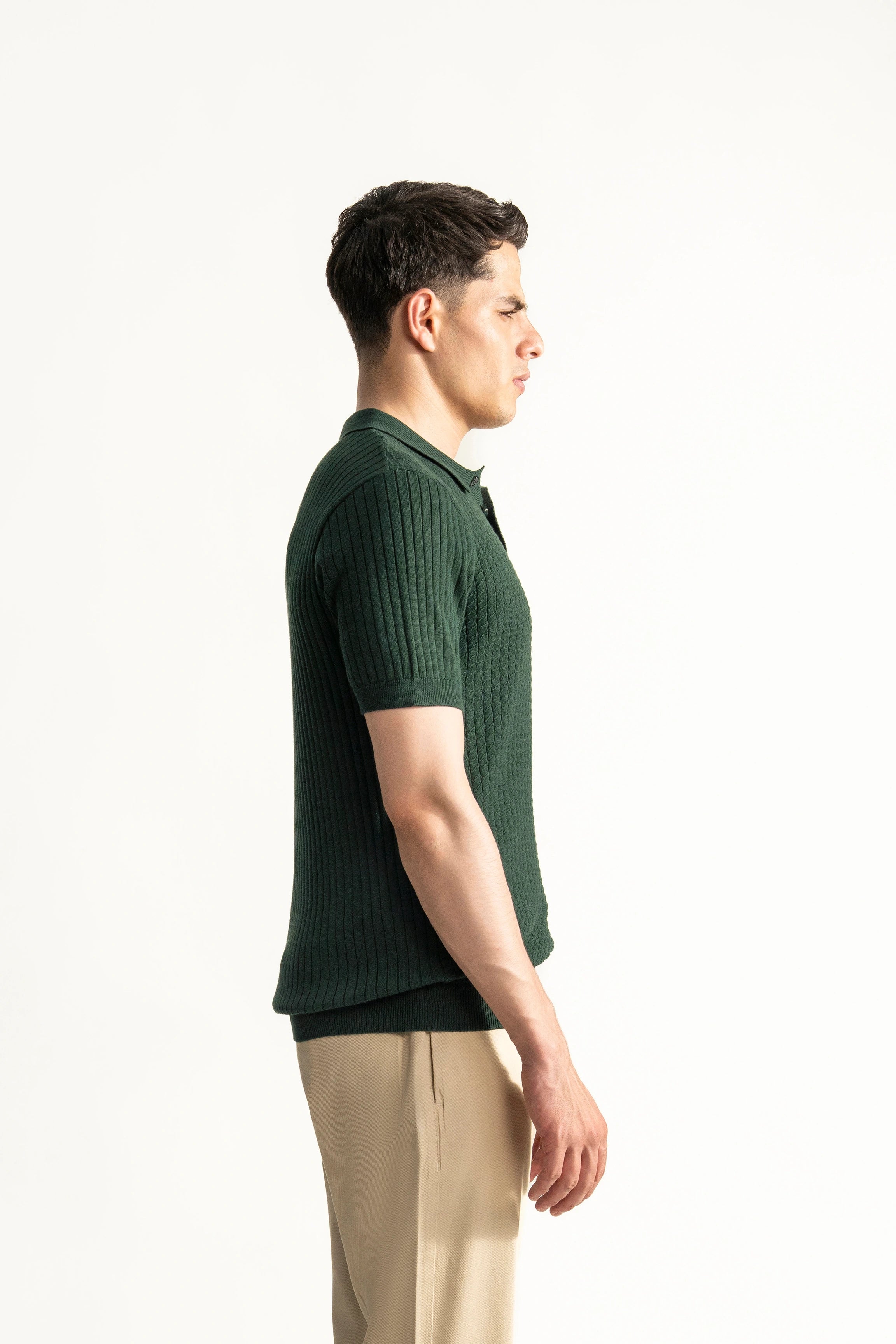 SWEATER KNIT SELF TEXTURED POLO GREEN