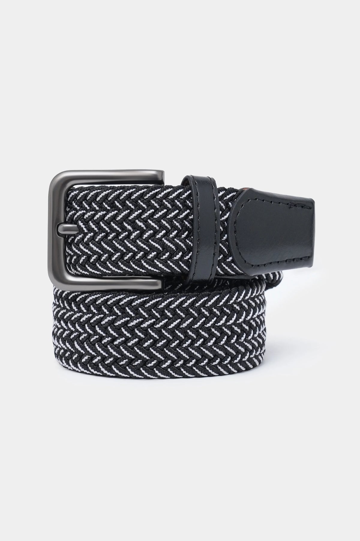 Woven belt with dark textured weave, black leather end, rectangular buckle
